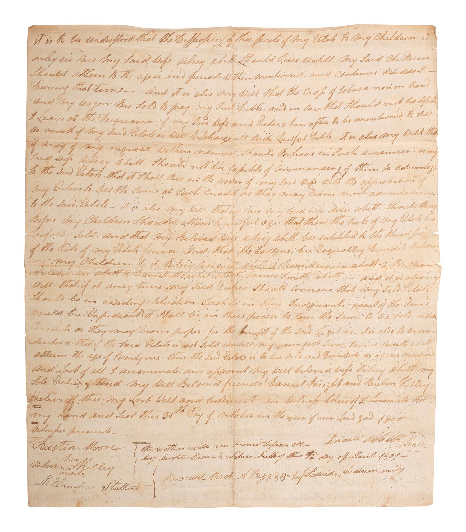 [SLAVERY & ABOLITION]. Manuscript last will and testament of enslaver Daniel Abbott, naming nine enslaved men, women, and children. District of Laurens, SC, 30 October 1800.
