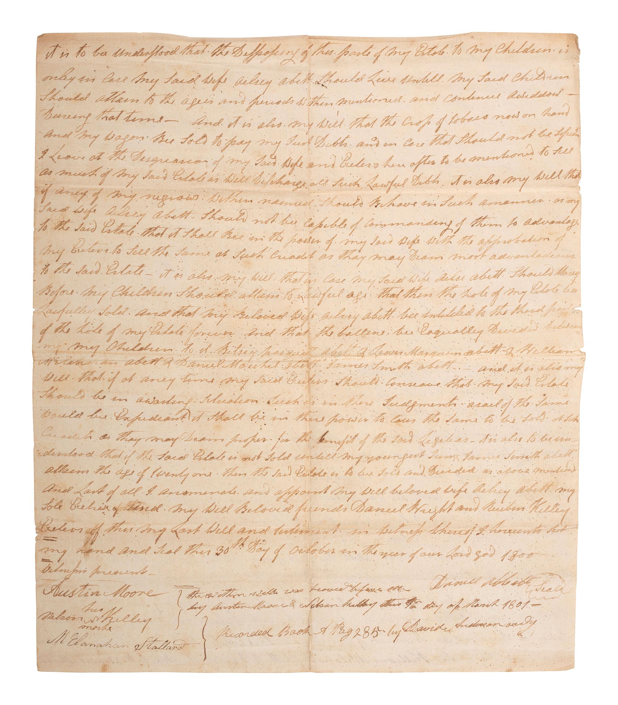 [SLAVERY & ABOLITION]. Manuscript last will and testament of enslaver Daniel Abbott, naming nine enslaved men, women, and children. District of Laurens, SC, 30 October 1800.