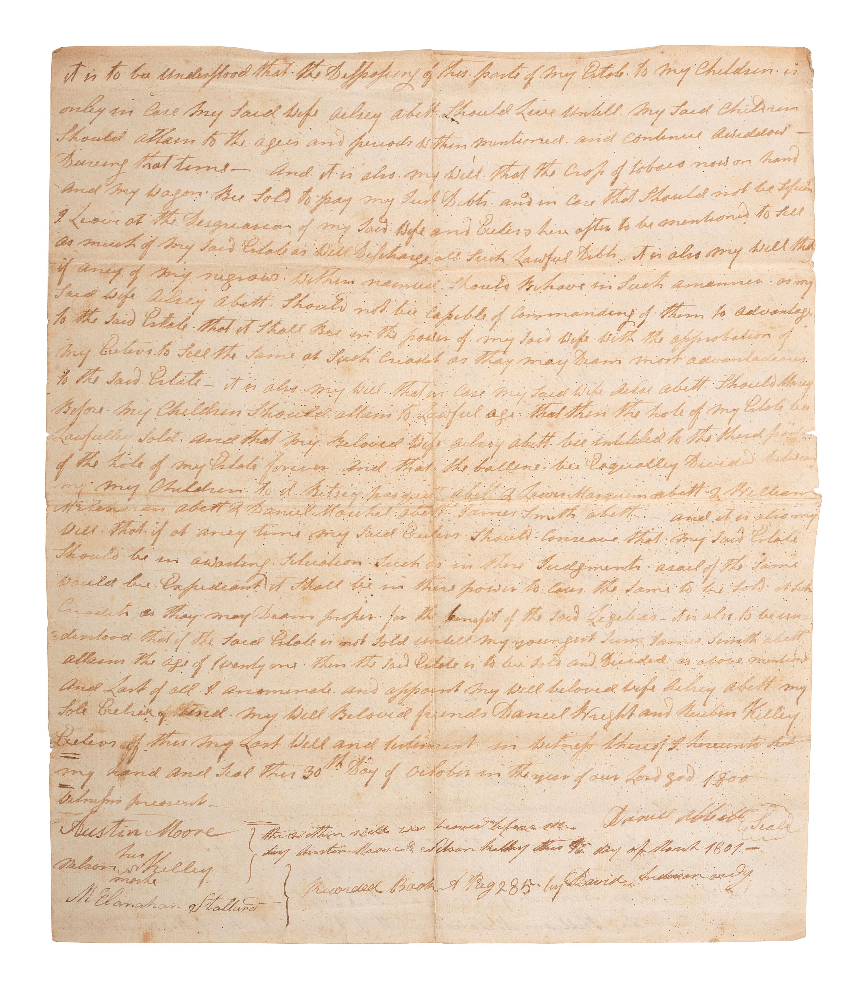 [SLAVERY & ABOLITION]. Manuscript last will and testament of enslaver Daniel Abbott, naming nine enslaved men, women, and children. District of Laurens, SC, 30 October 1800.