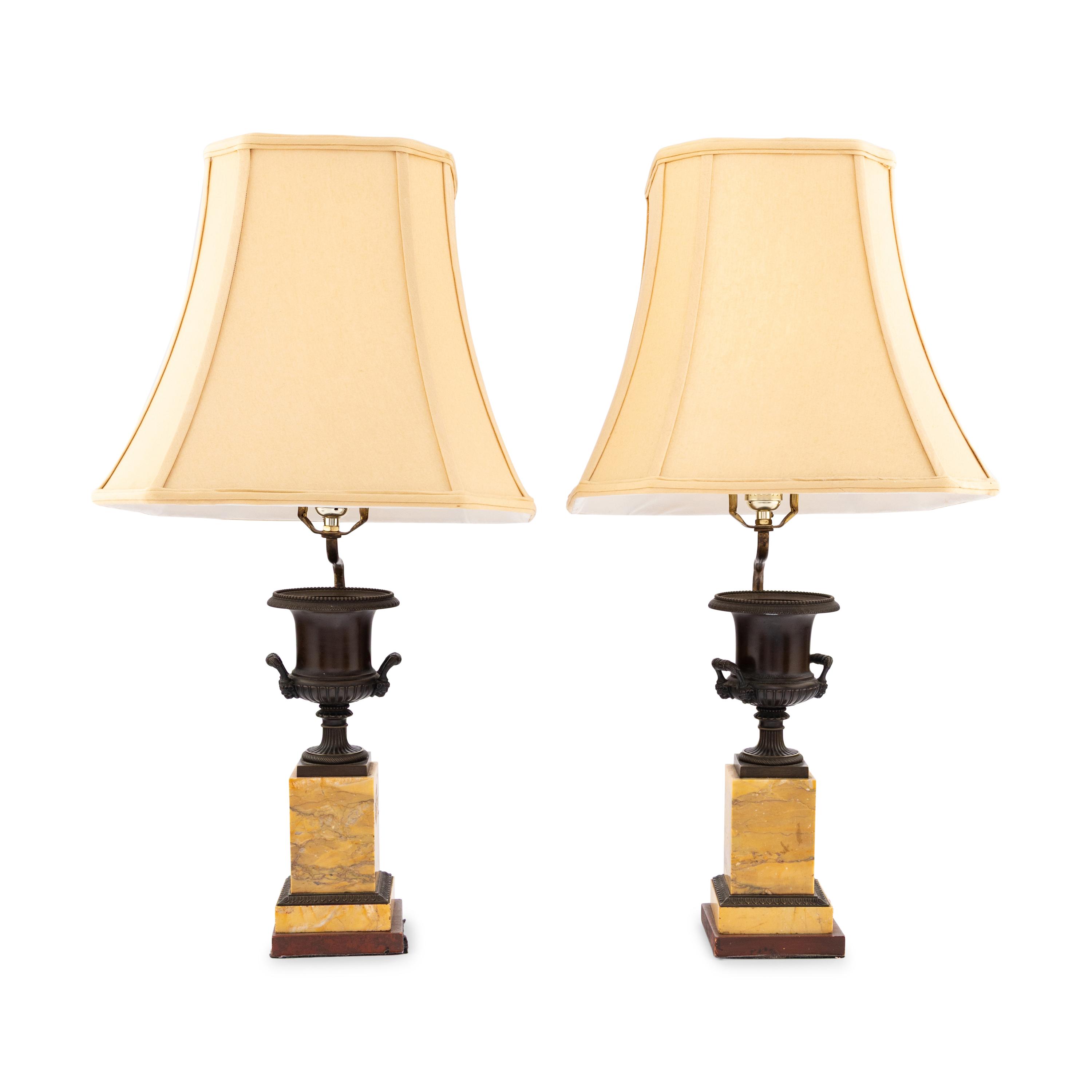 A Pair of Neoclassical Style Bronze and Sienna Marble Urns