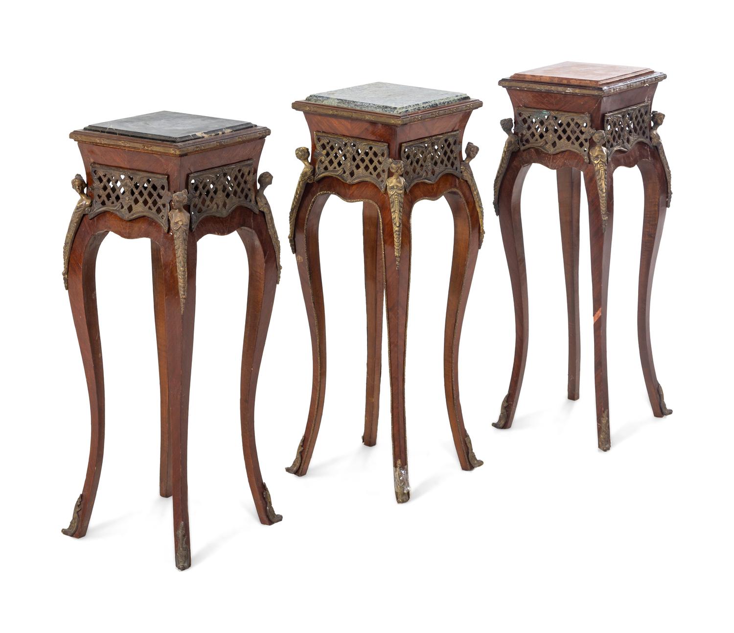 Three Louis XV Style Gilt Metal Mounted Marble Top Jardiniere Stands