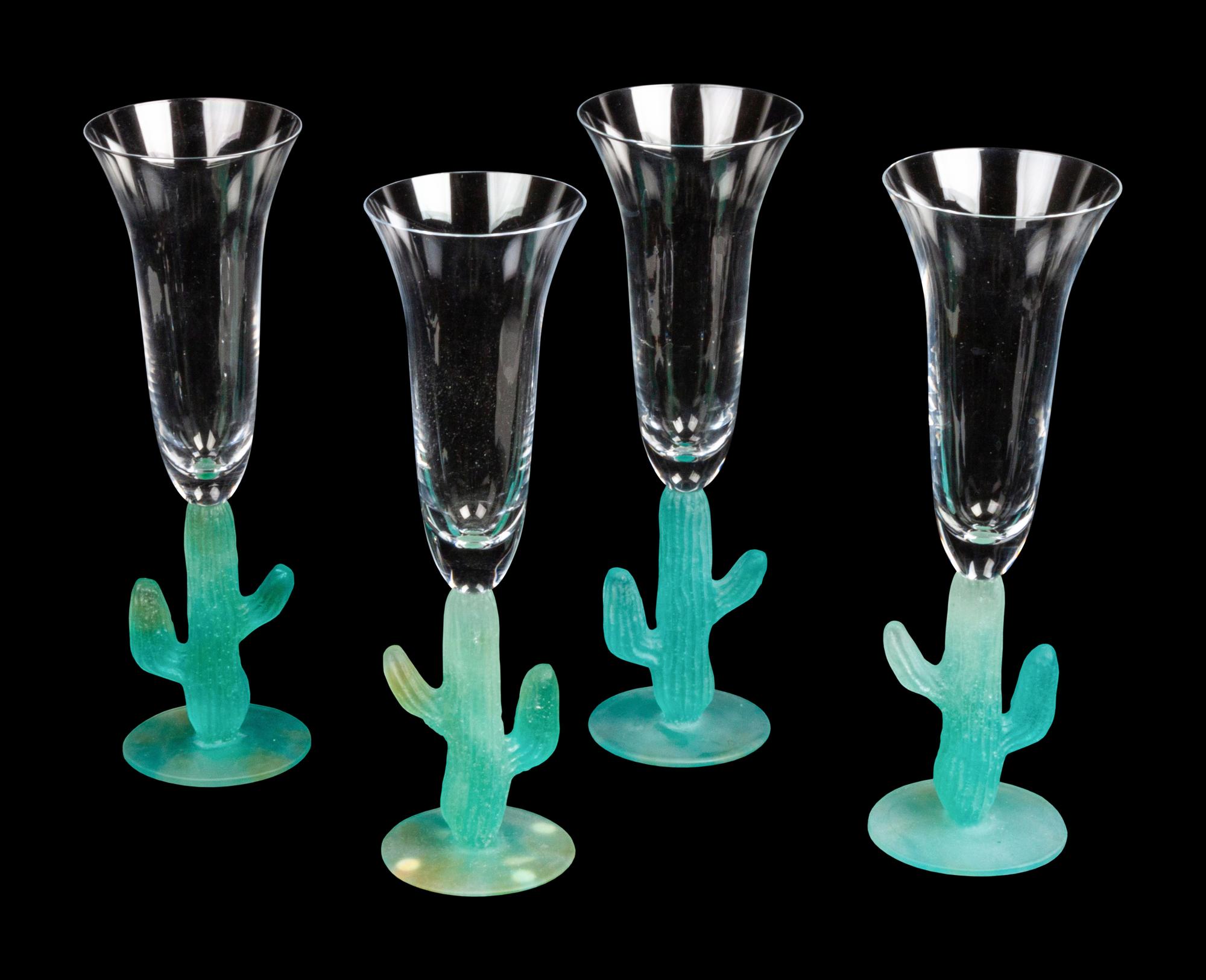 A Set of Four Daum Pate-de-Verre Cactus Champagne Flutes