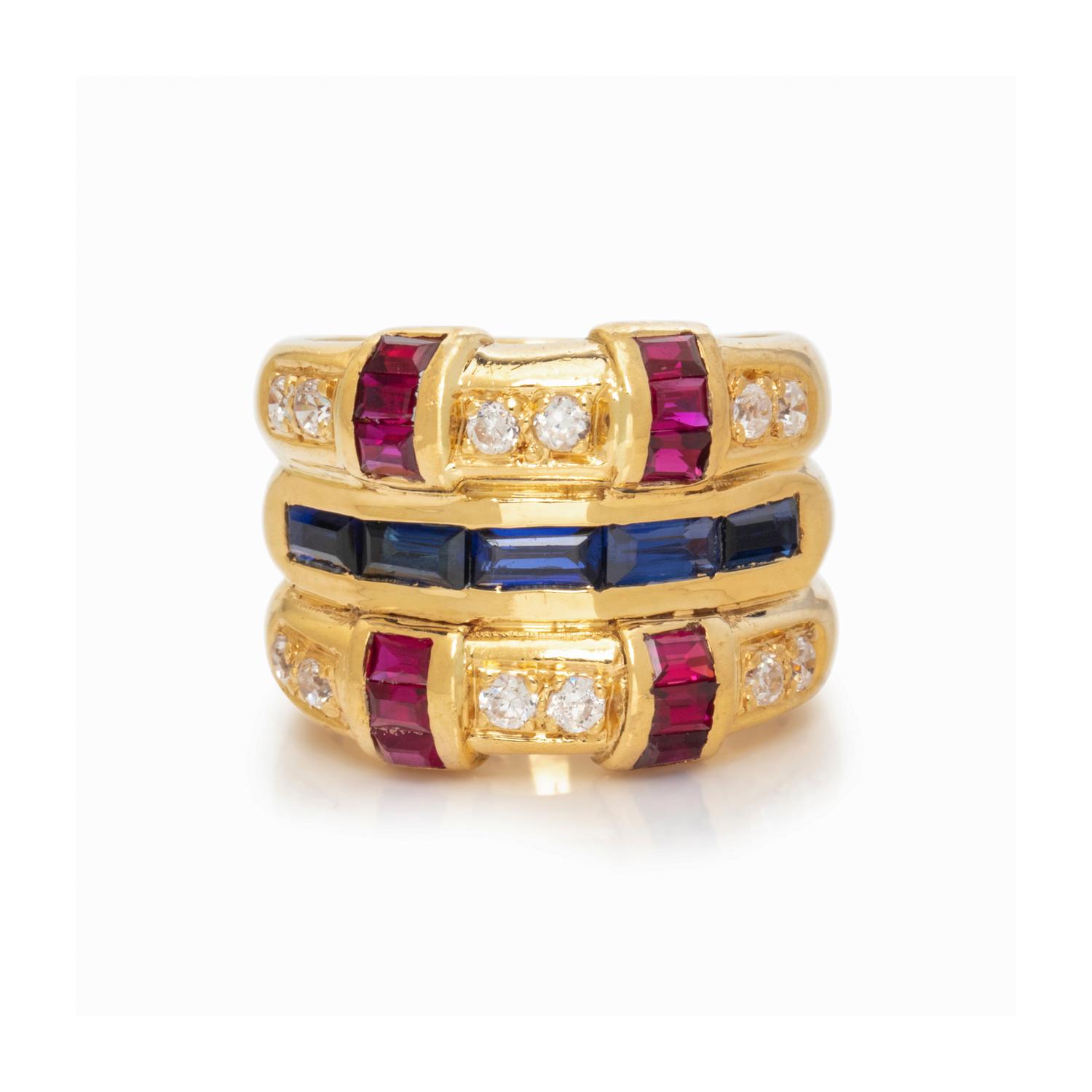 YELLOW GOLD, SYNTHETIC SAPPHIRE AND SYNTHETIC RUBY RING