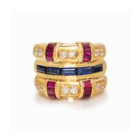 YELLOW GOLD, SYNTHETIC SAPPHIRE AND SYNTHETIC RUBY RING