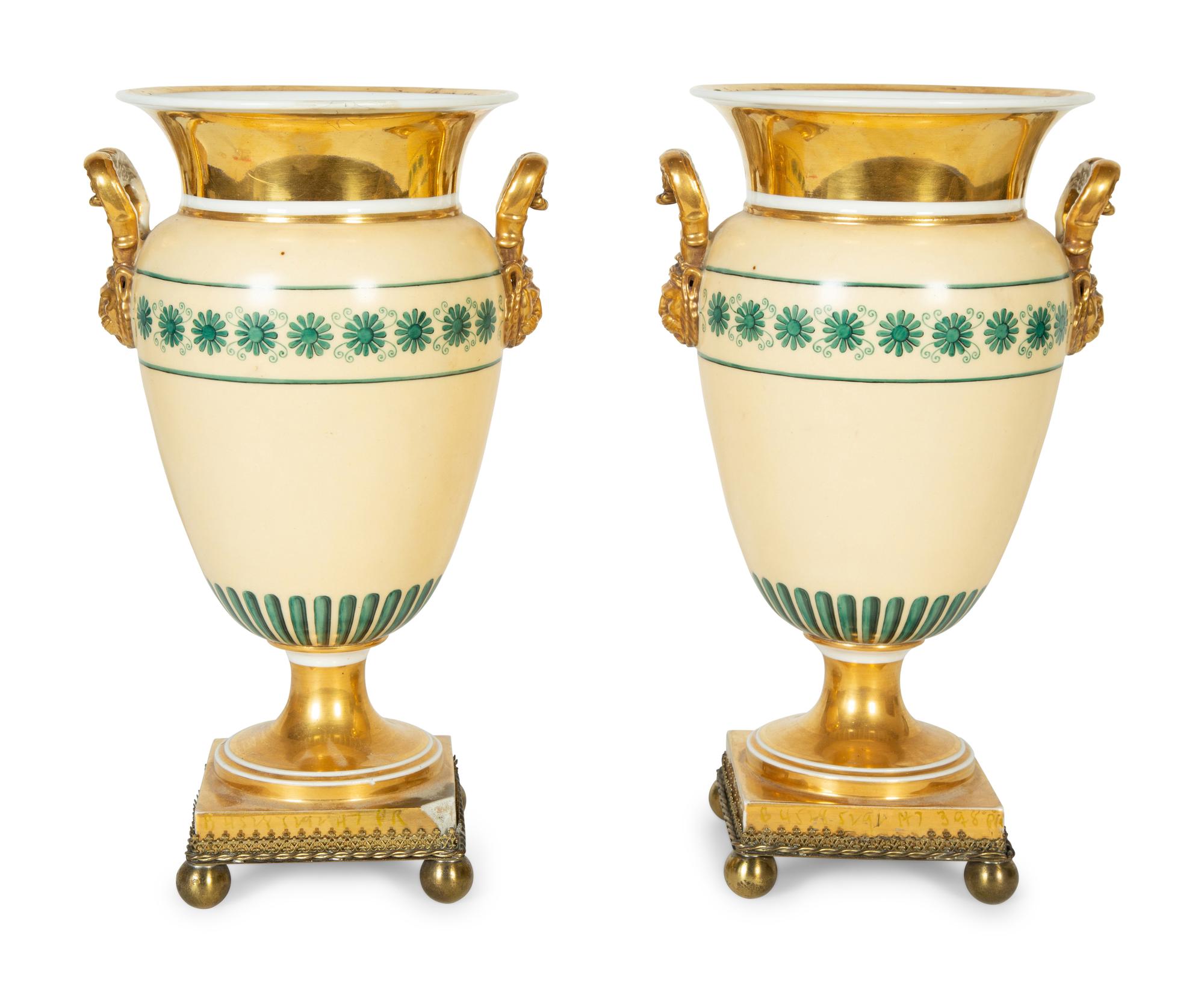 A Pair of Continental Painted Porcelain Urns