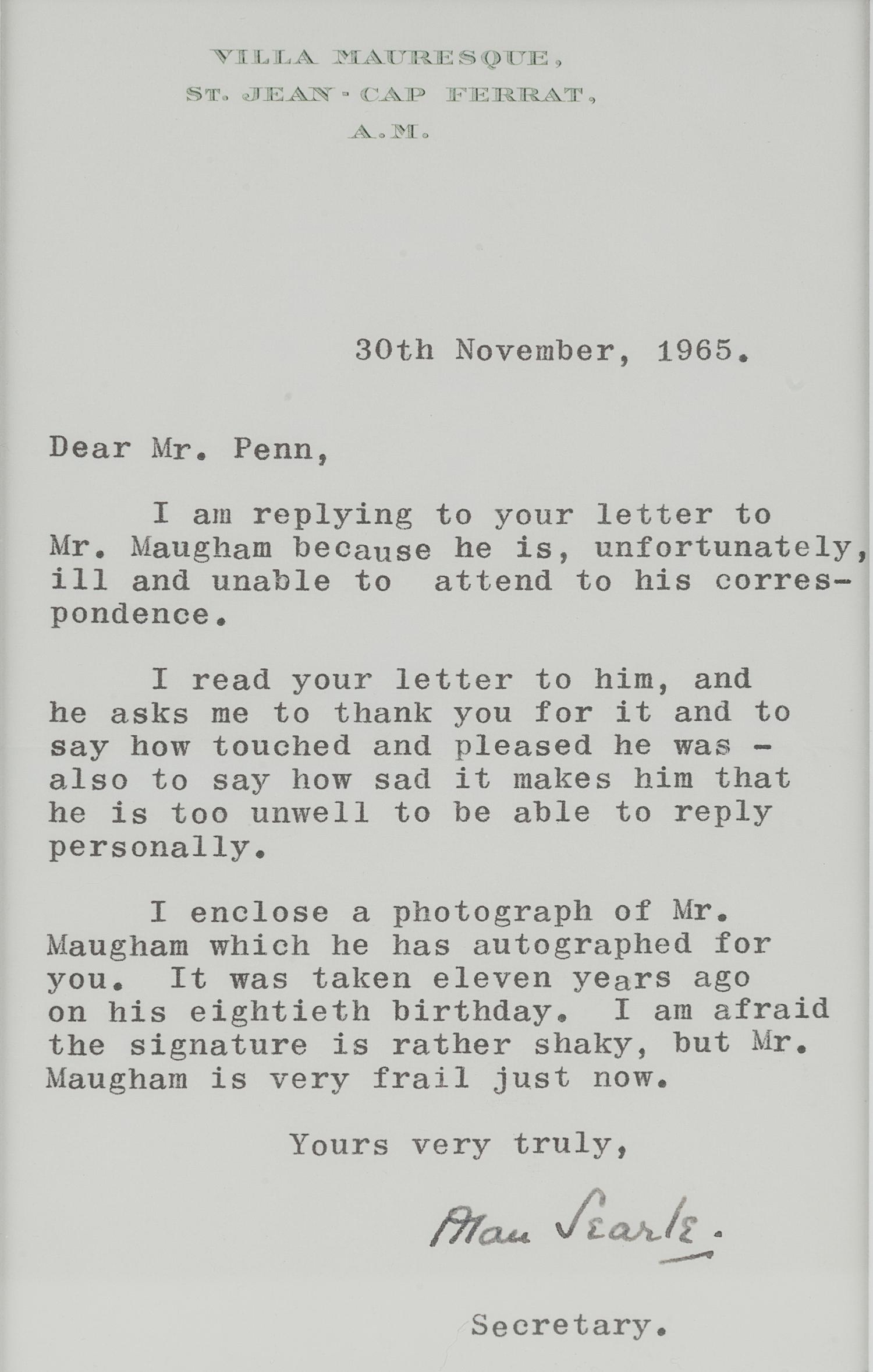 MAUGHAM, W. Somerset (1874-1965). Photographic print portrait of Maugham in profile on his 80th birthday, signed “W. Somerset Maugham” [1954]. 8vo, visible area 160 x 115, matted and framed, unexamined out of frame.