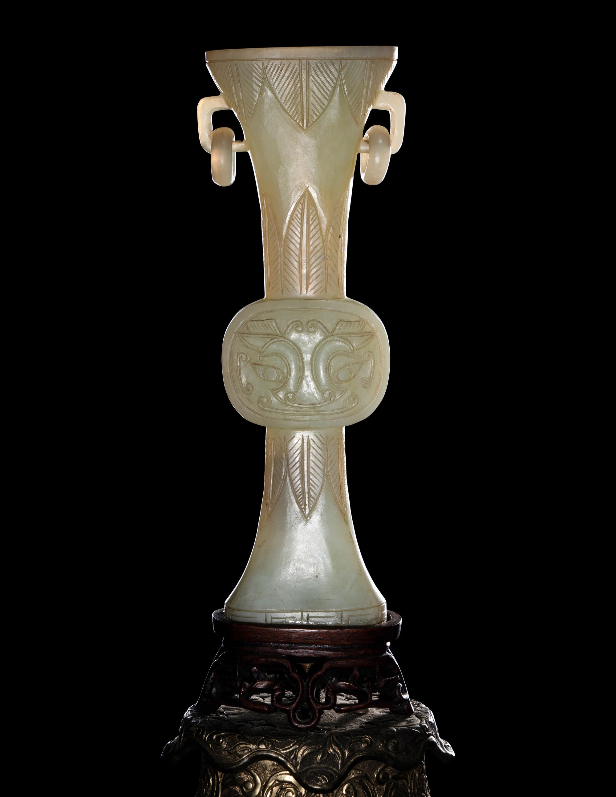 A Pair of Chinese Carved White Jade Gu Vases