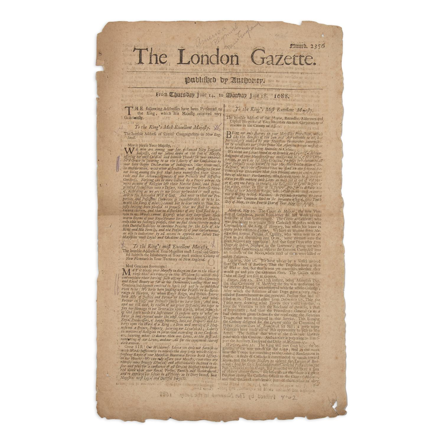 [Colonial America] A London Newspaper with Front-Page Addresses from Plymouth Colony