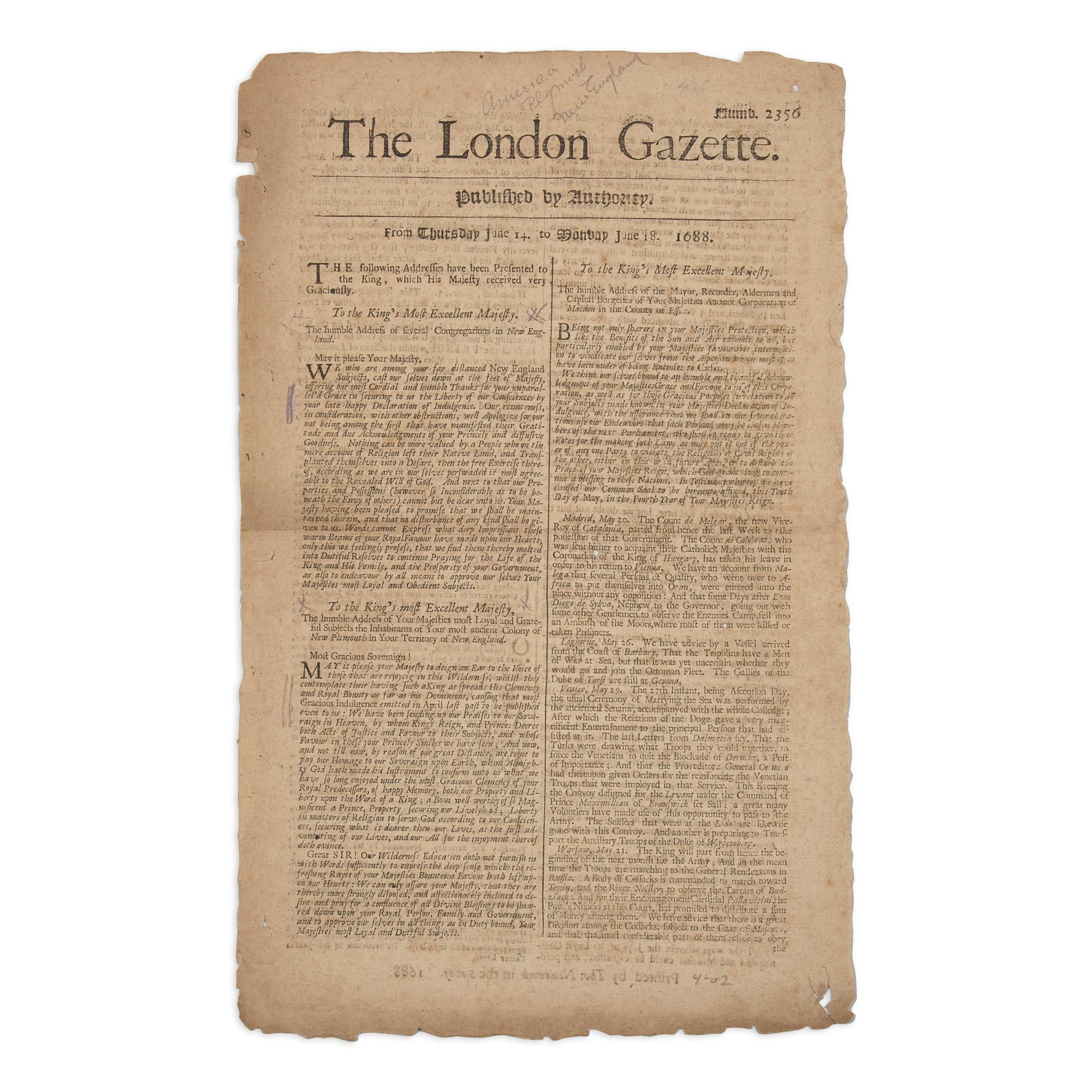 [Colonial America] A London Newspaper with Front-Page Addresses from Plymouth Colony