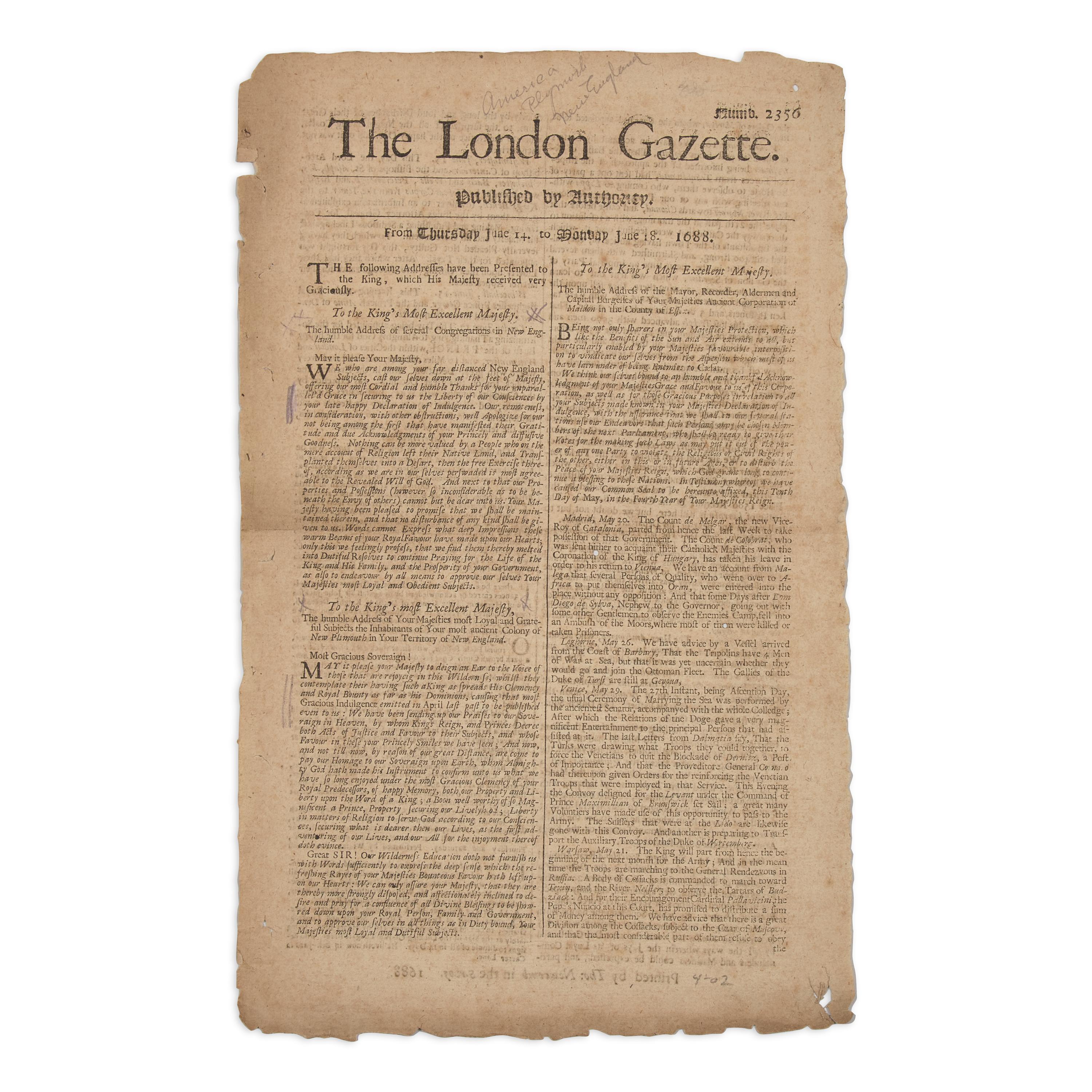 [Colonial America] A London Newspaper with Front-Page Addresses from Plymouth Colony
