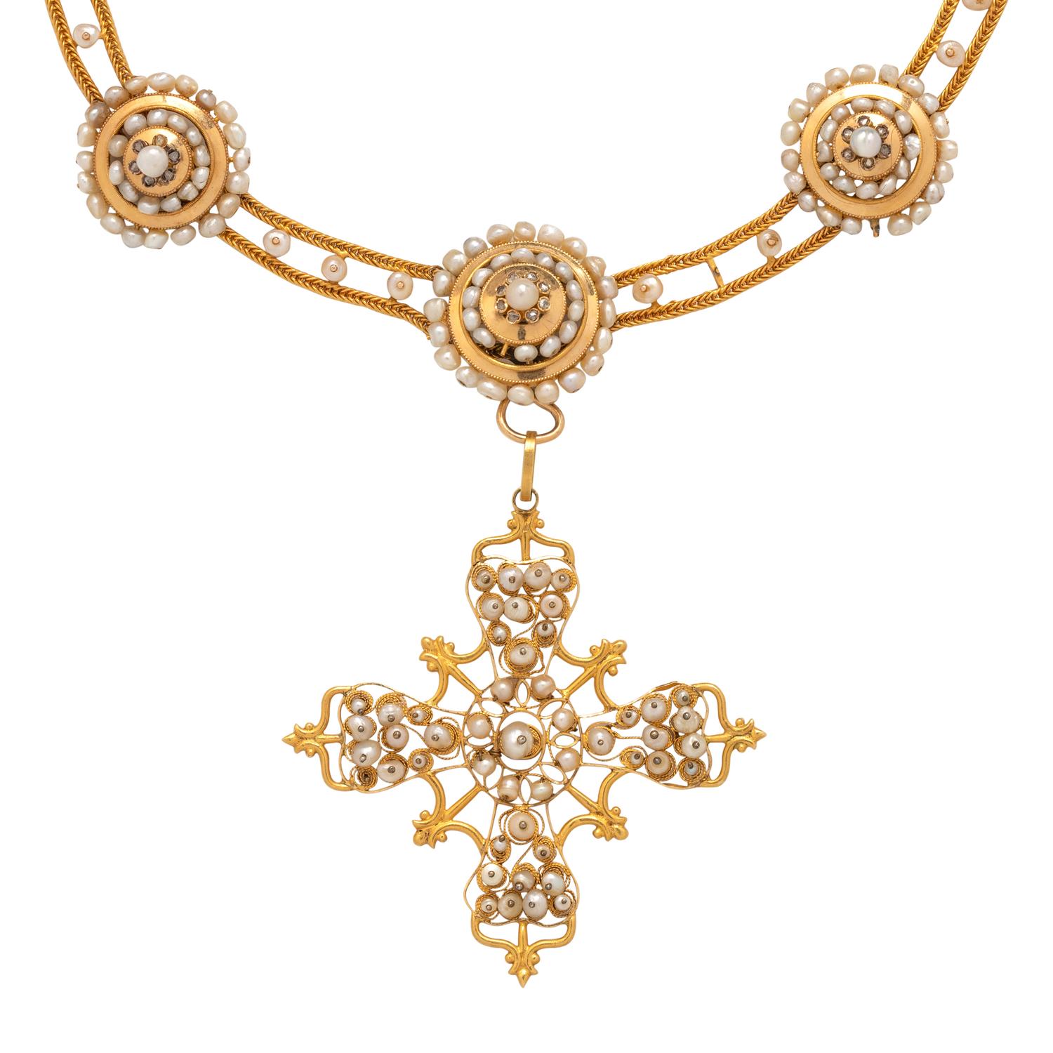 ANTIQUE, CONVERTIBLE YELLOW GOLD AND PEARL CROSS NECKLACE
