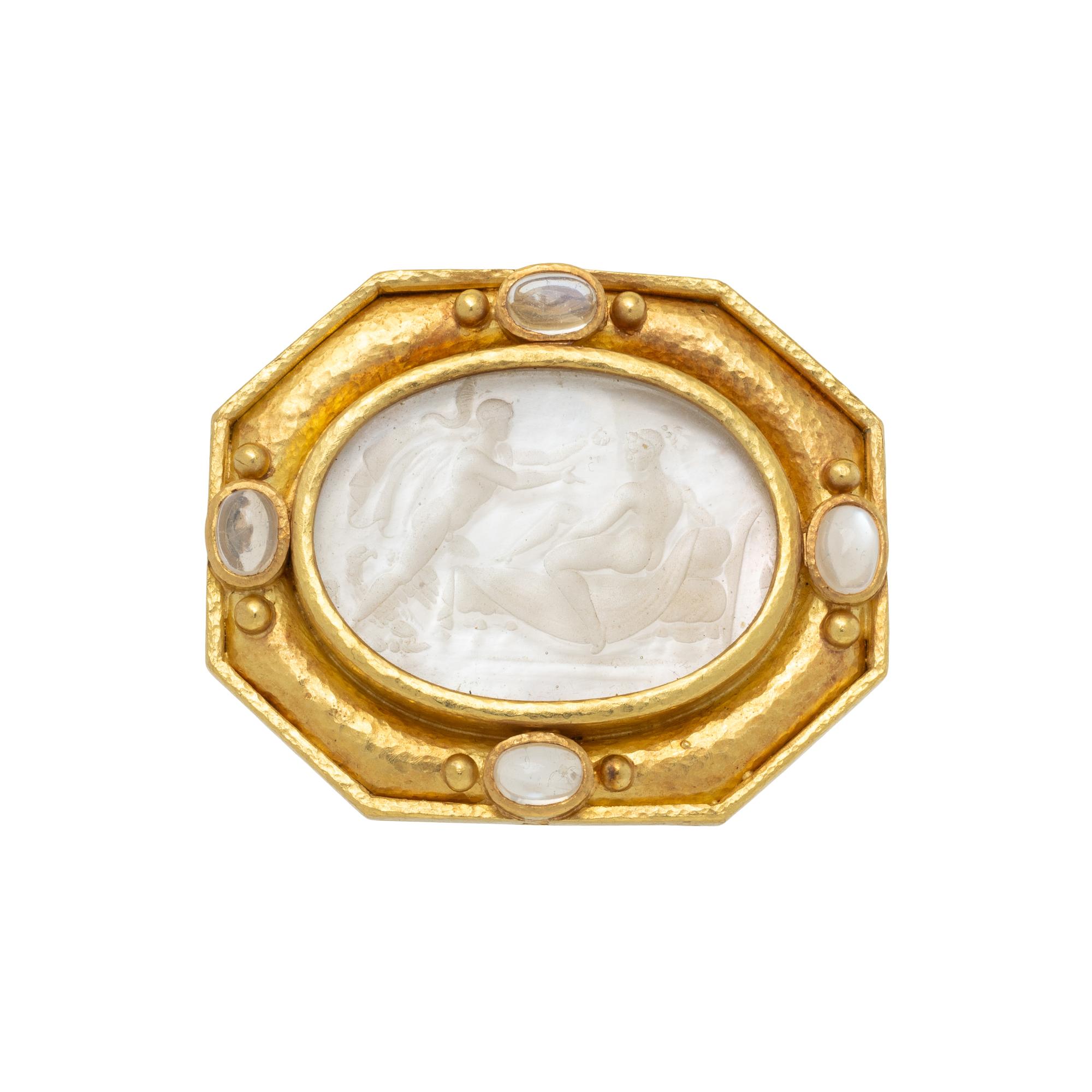 ELIZABETH LOCKE, MOTHER-OF-PEARL, ROCK CRYSTAL, MOONSTONE, AND YELLOW GOLD INTAGLIO PENDANT BROOCH