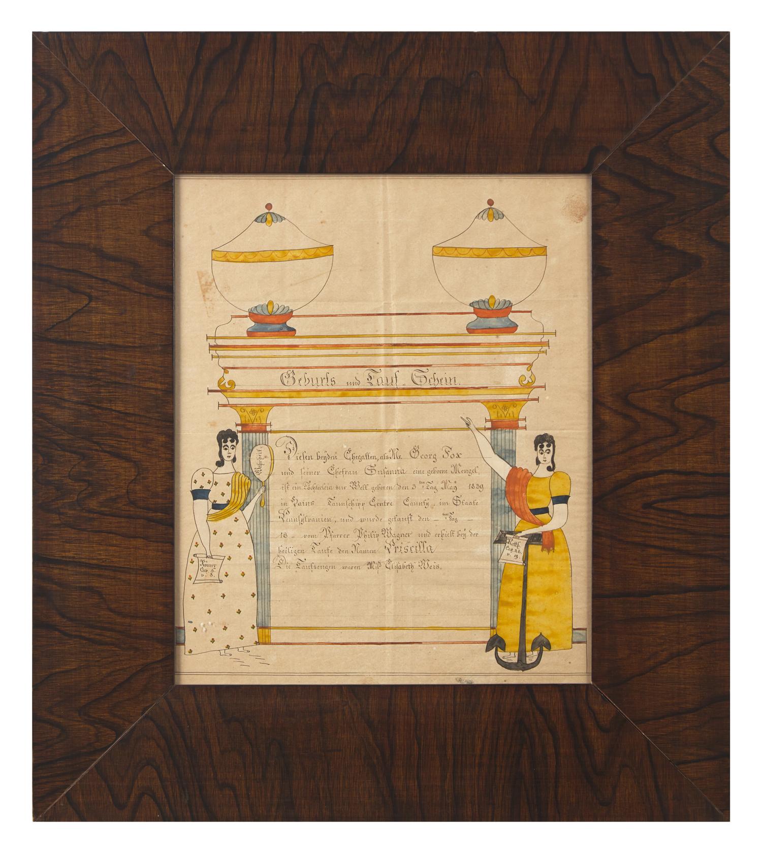 Reverend Henry Young (1792-1861) A Fraktur: Birth And Baptism Record For Priscilla Fox