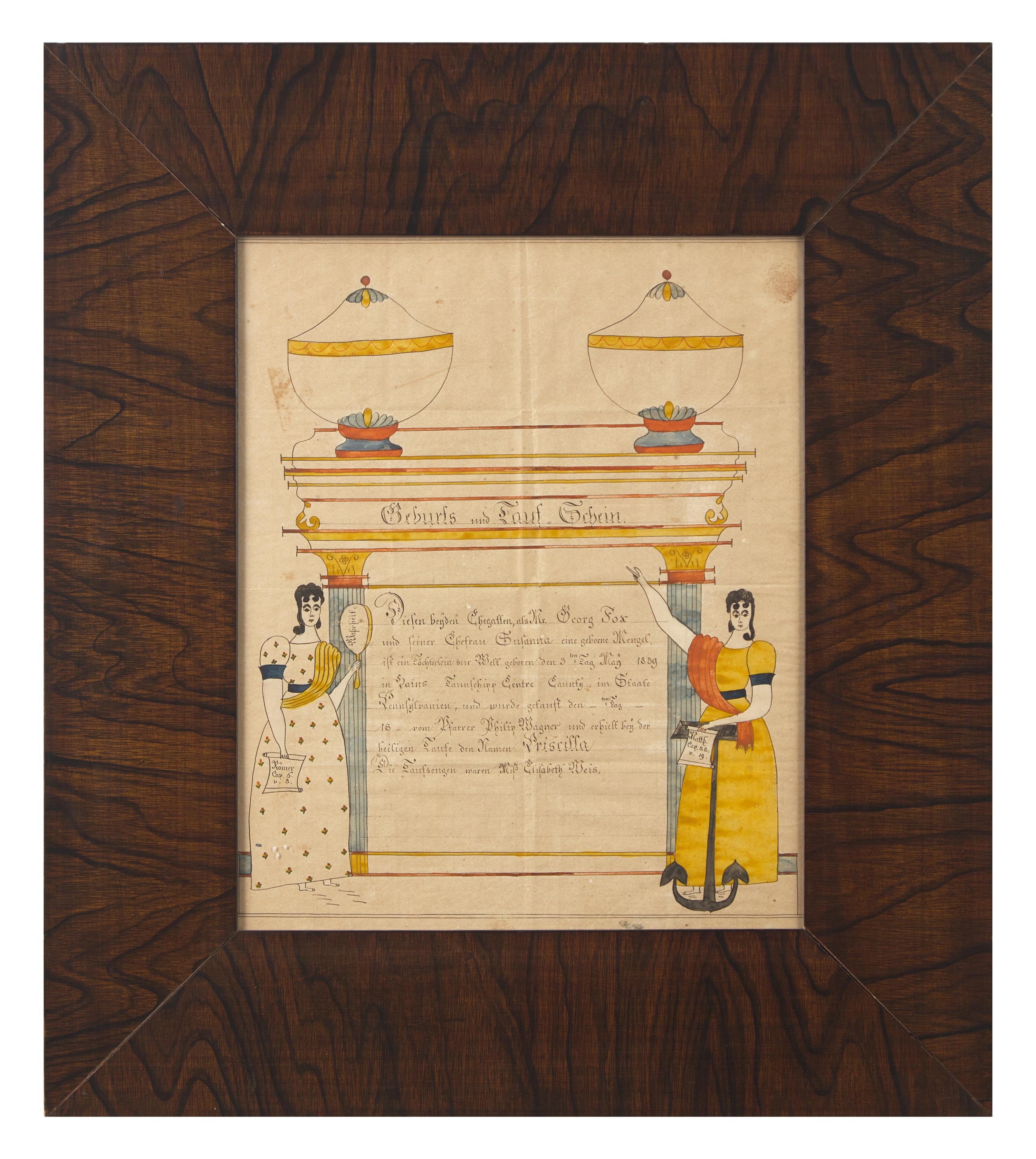 Reverend Henry Young (1792-1861) A Fraktur: Birth And Baptism Record For Priscilla Fox
