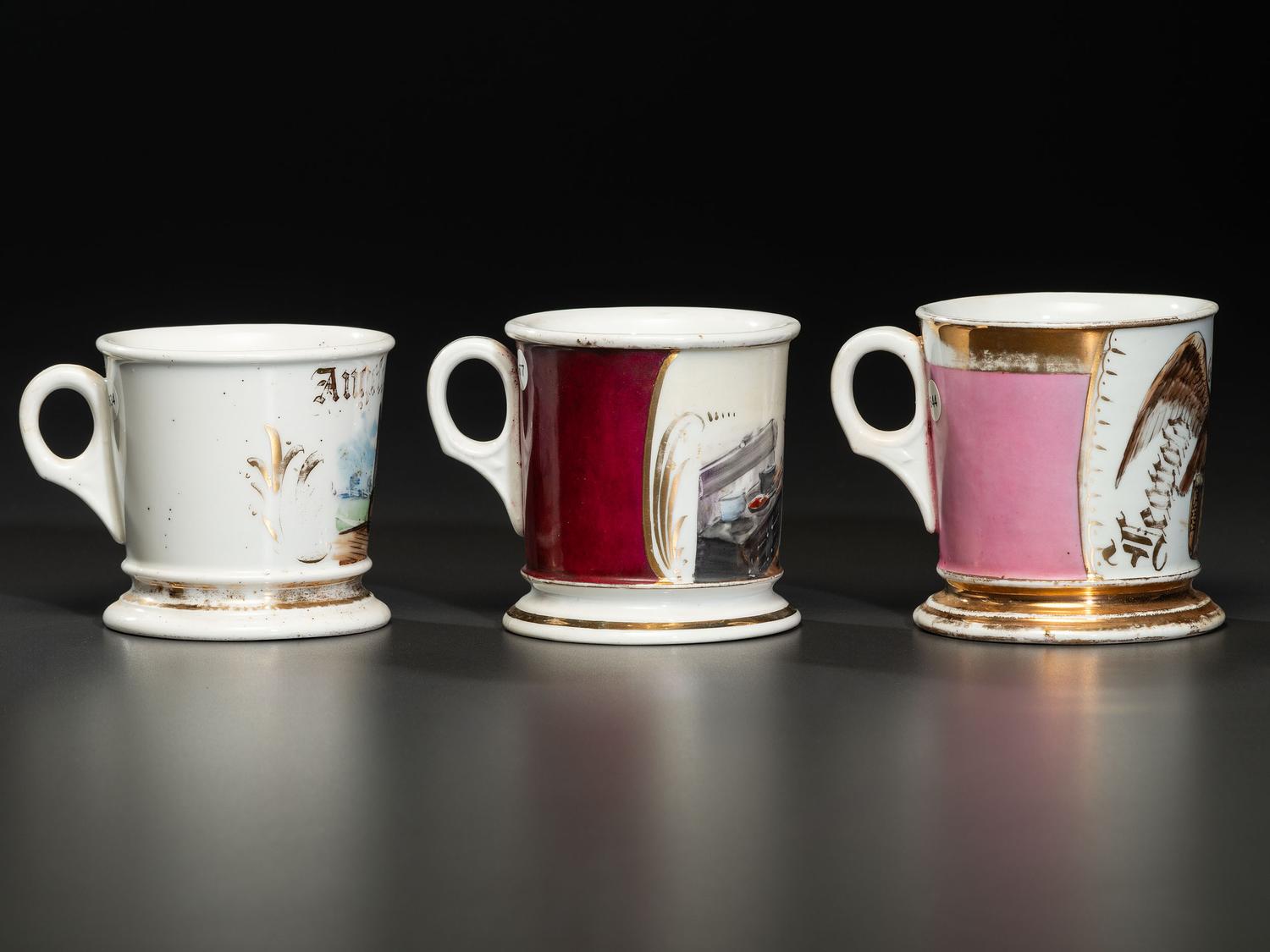 Three Porcelain Occupational Shaving Mugs Related to Food and Beverage Trades
