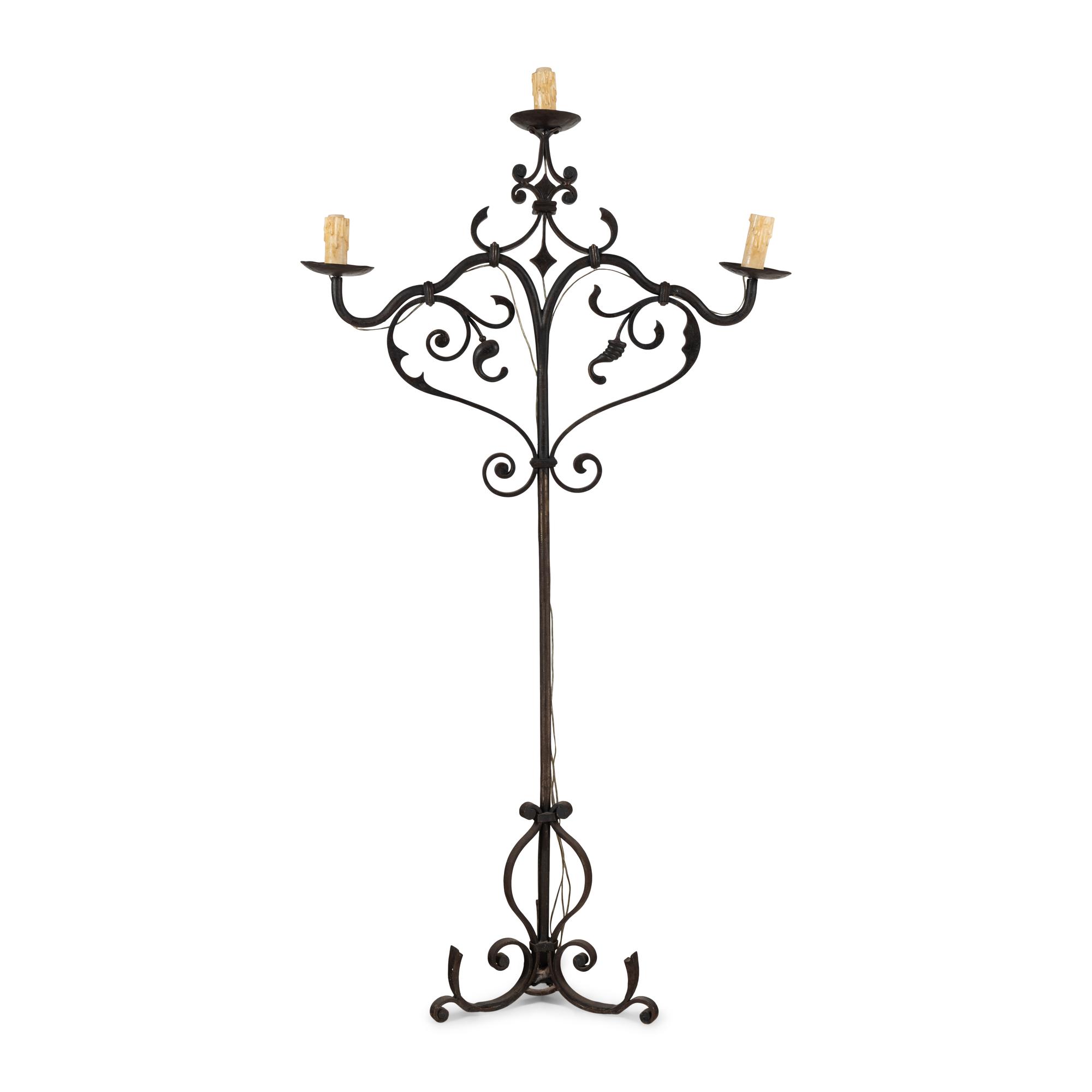 An Iron Three-Light Floor Candelabrum