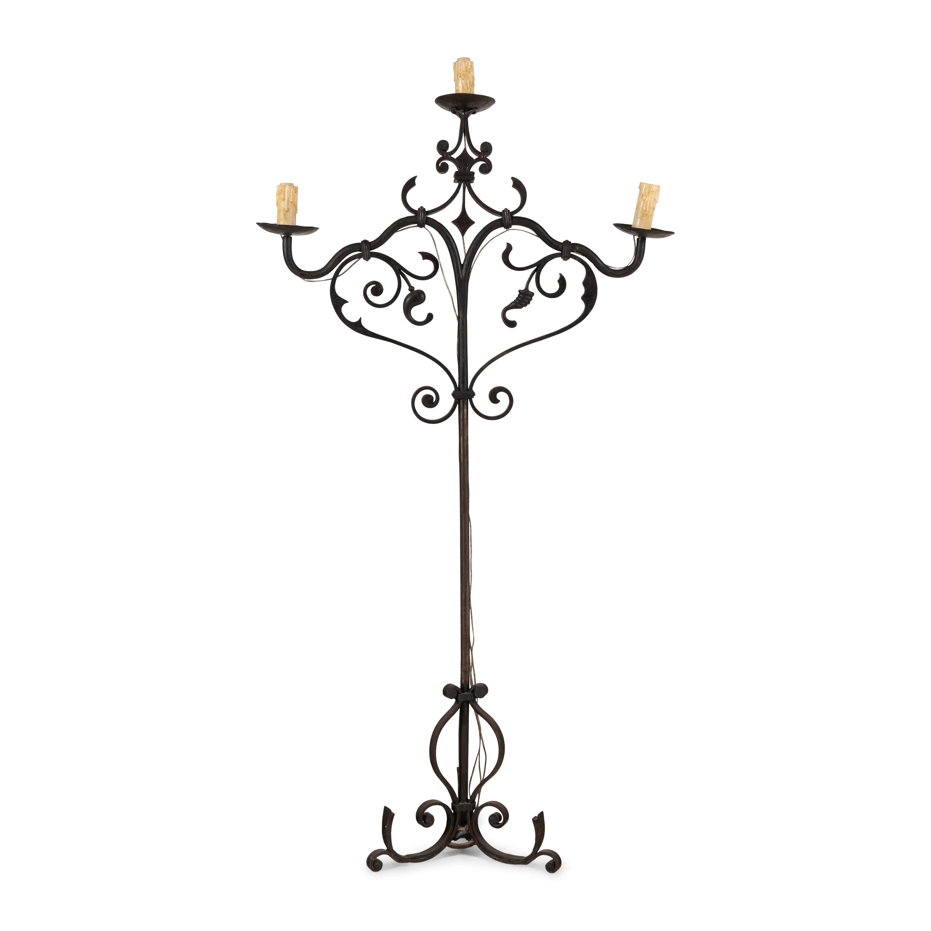 An Iron Three-Light Floor Candelabrum