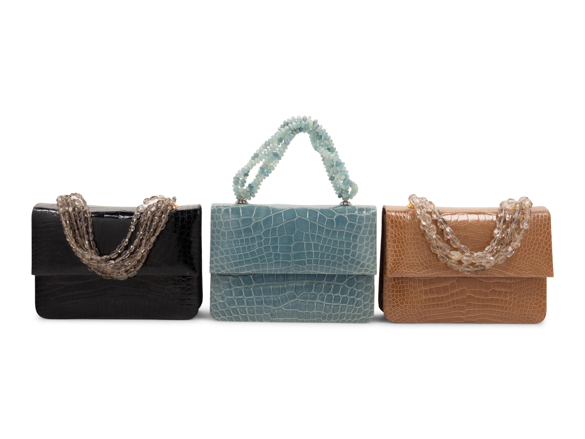 Three Darby Scott Alligator Flap Bags with Stone Handles: One Black, One Tan, One Blue