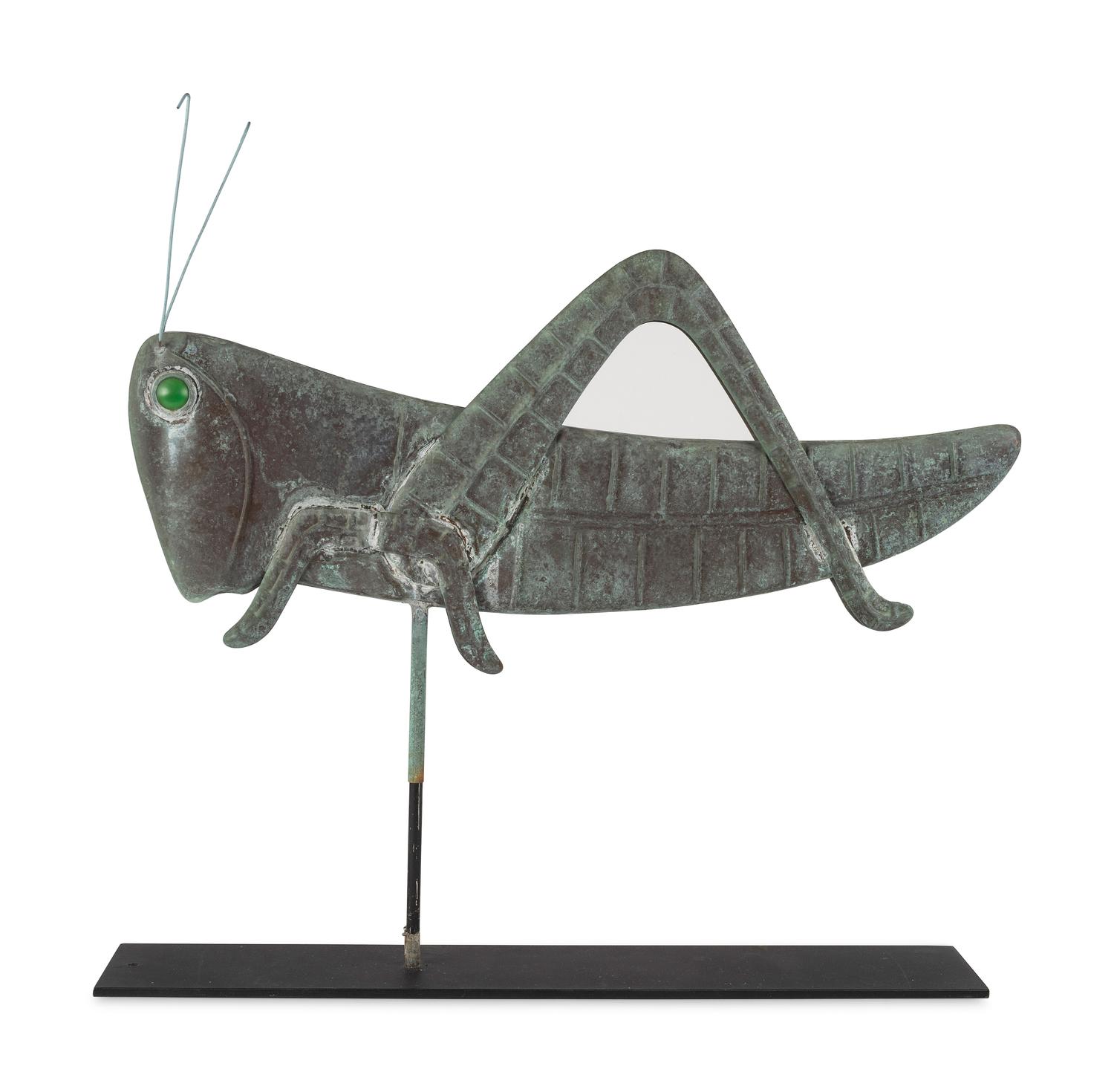 A Molded Copper and Zinc, Glass-Inset Grasshopper Weathervane