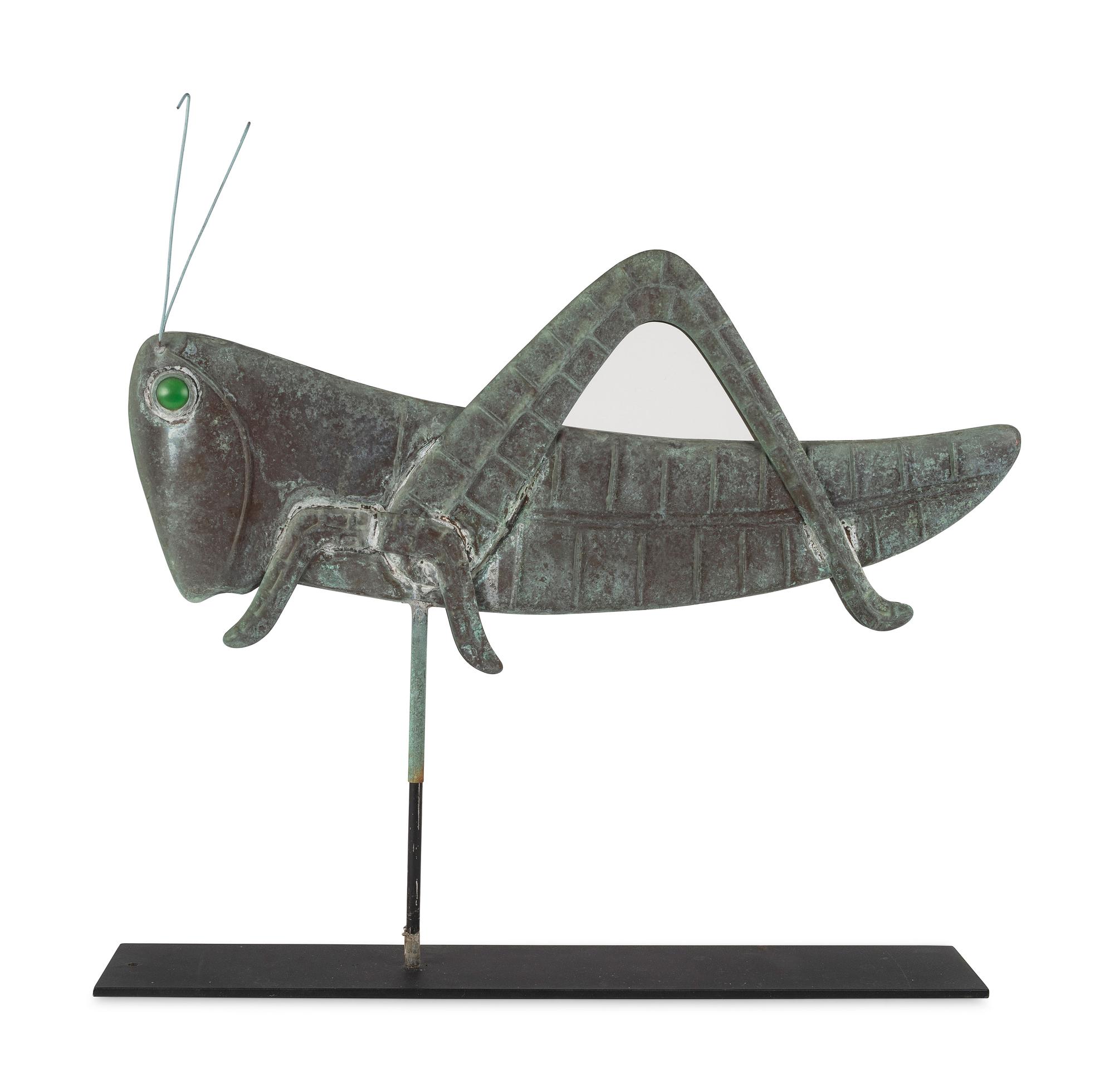 A Molded Copper and Zinc, Glass-Inset Grasshopper Weathervane