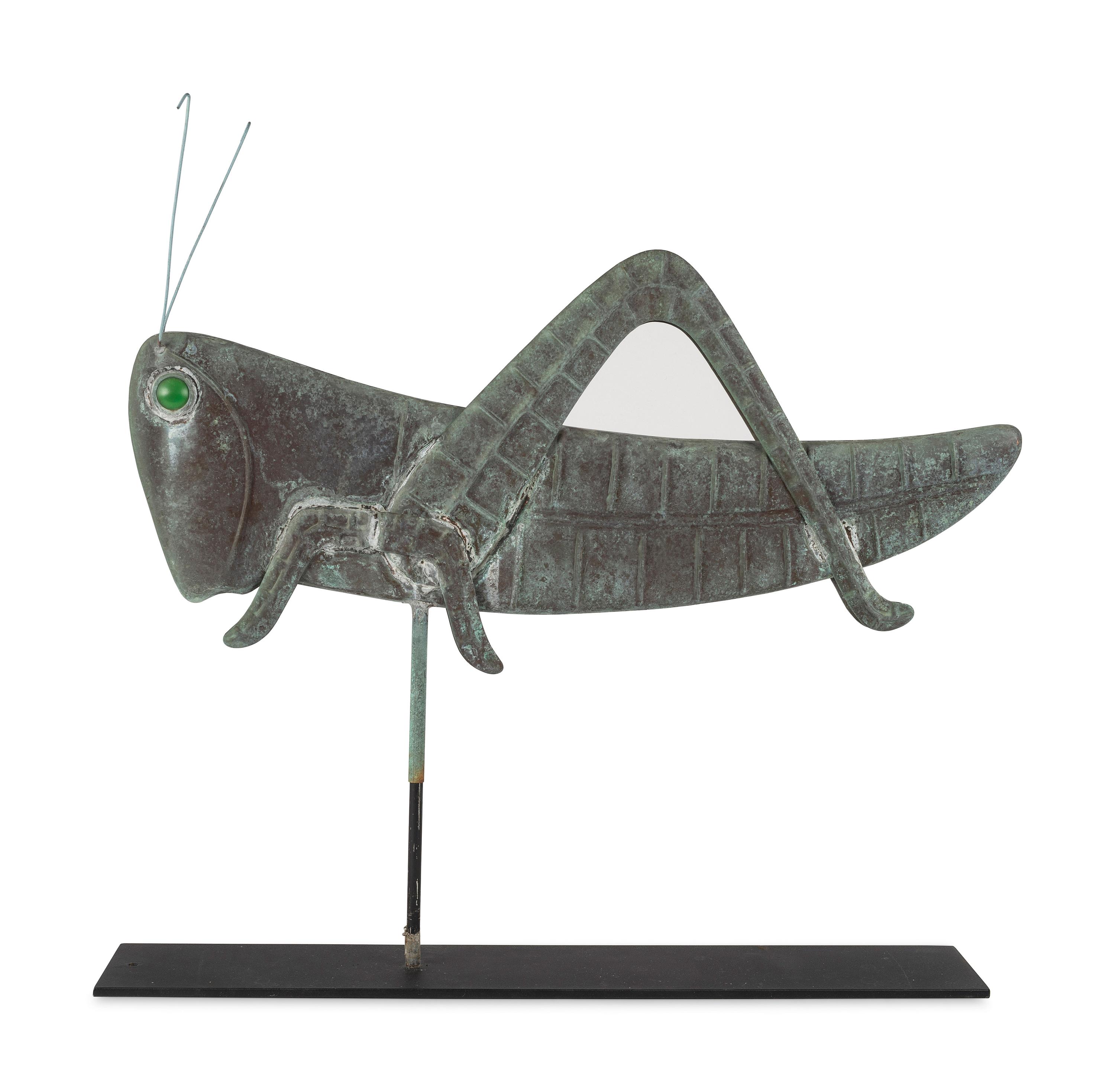 A Molded Copper and Zinc, Glass-Inset Grasshopper Weathervane