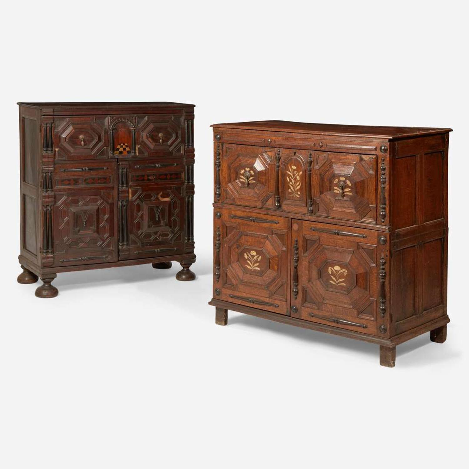 Two James II style inlaid walnut cupboards, late 19th / early 20th century, partially incorporating 17th-century elements