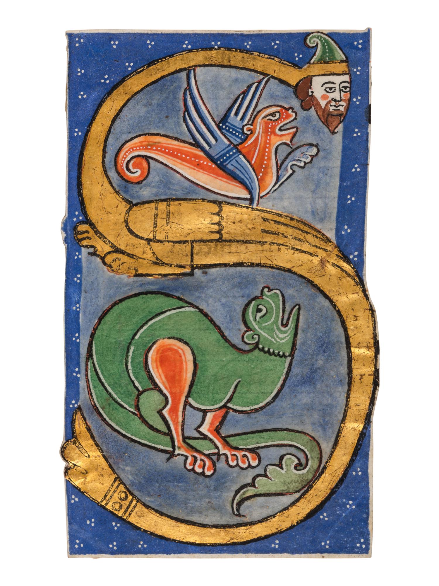 ANONYMOUS ROMANESQUE ARTIST A partial leaf from a Life of St Leodegar , with an inhabited initial ‘S’, in Latin, illuminated manuscript on parchment [France, c. 1125-1150]