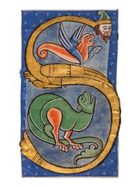 ANONYMOUS ROMANESQUE ARTIST A partial leaf from a Life of St Leodegar , with an inhabited initial ‘S’, in Latin, illuminated manuscript on parchment [France, c. 1125-1150]