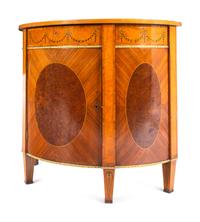 A Pair of George III Gilt Bronze Mounted Tulipwood, Burr Yew and Satinwood Marquetry Demilune Cabinets