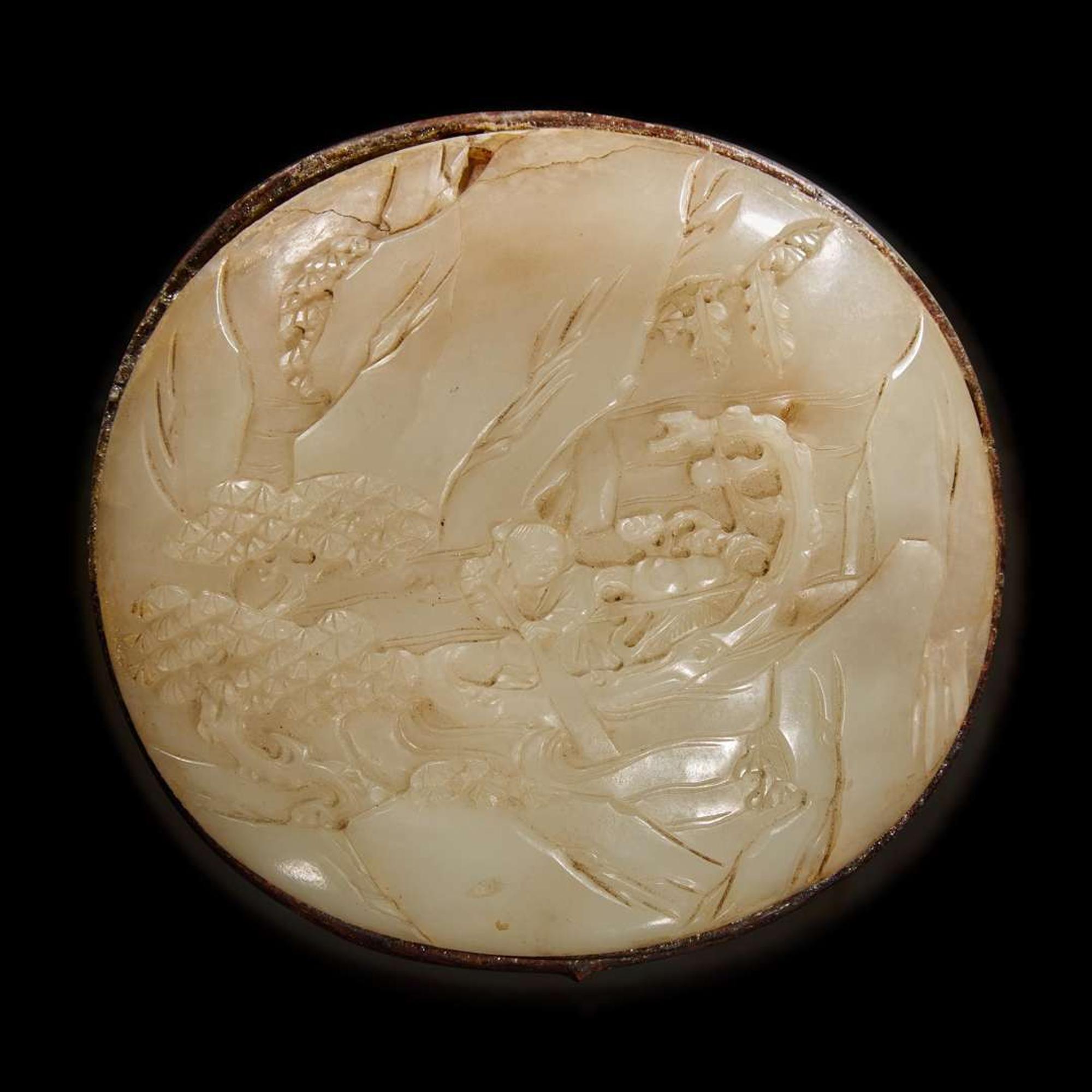 A Chinese white jade mounted hardwood ruyi scepter 嵌白玉木如意