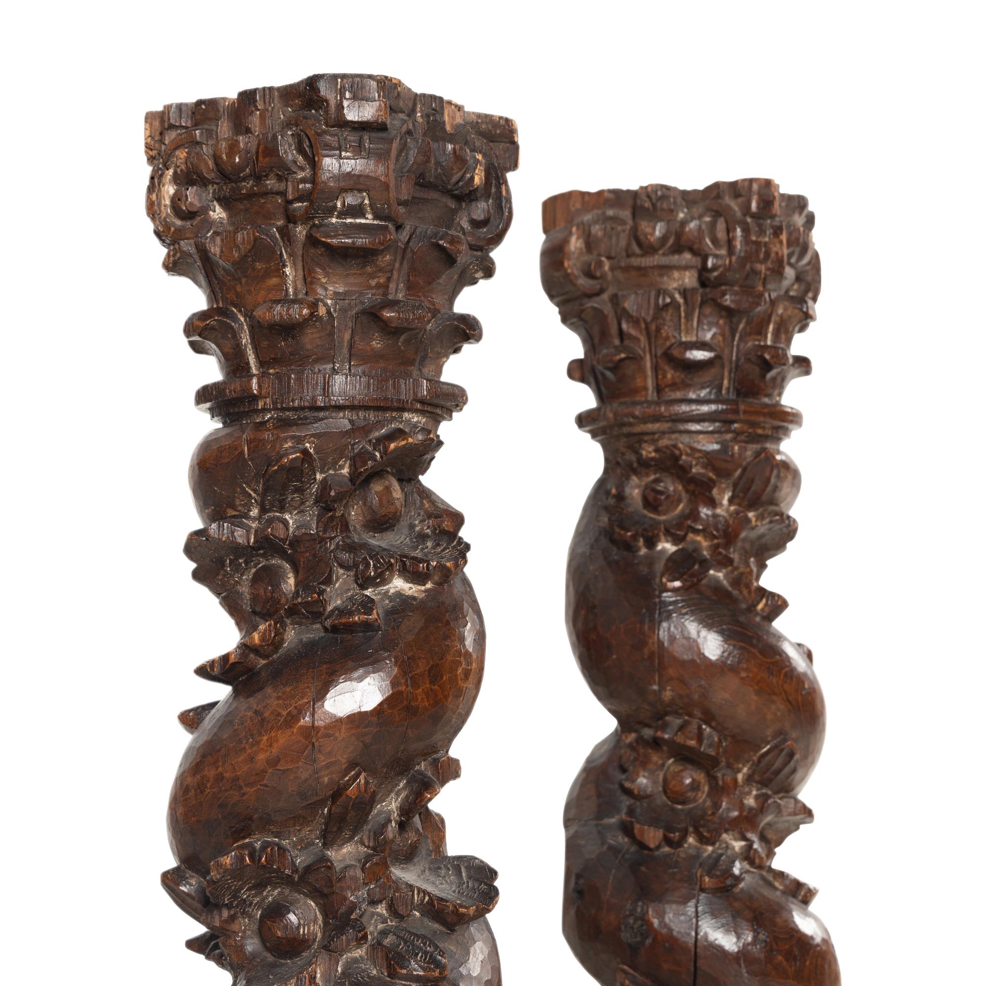 A Pair of French Carved Walnut Solomonic Columns