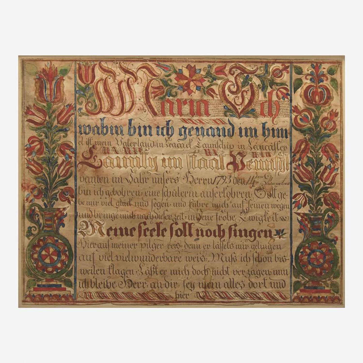 Attributed to the Leacock Township Artist A Fraktur birth record and blessing for Maria Schwab, Leacock Township, Lancaster County, PA, dated "1793"