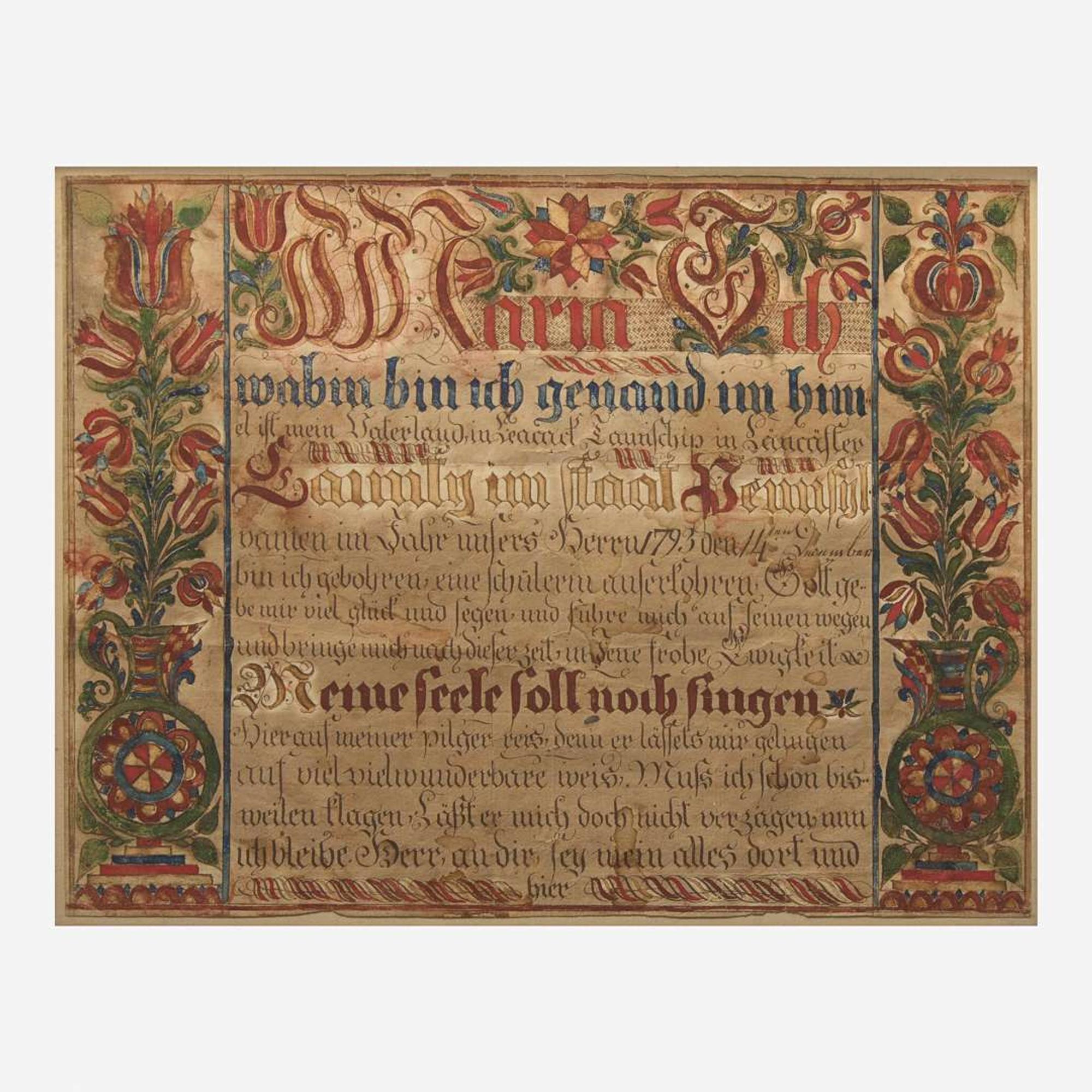Attributed to the Leacock Township Artist A Fraktur birth record and blessing for Maria Schwab, Leacock Township, Lancaster County, PA, dated "1793"