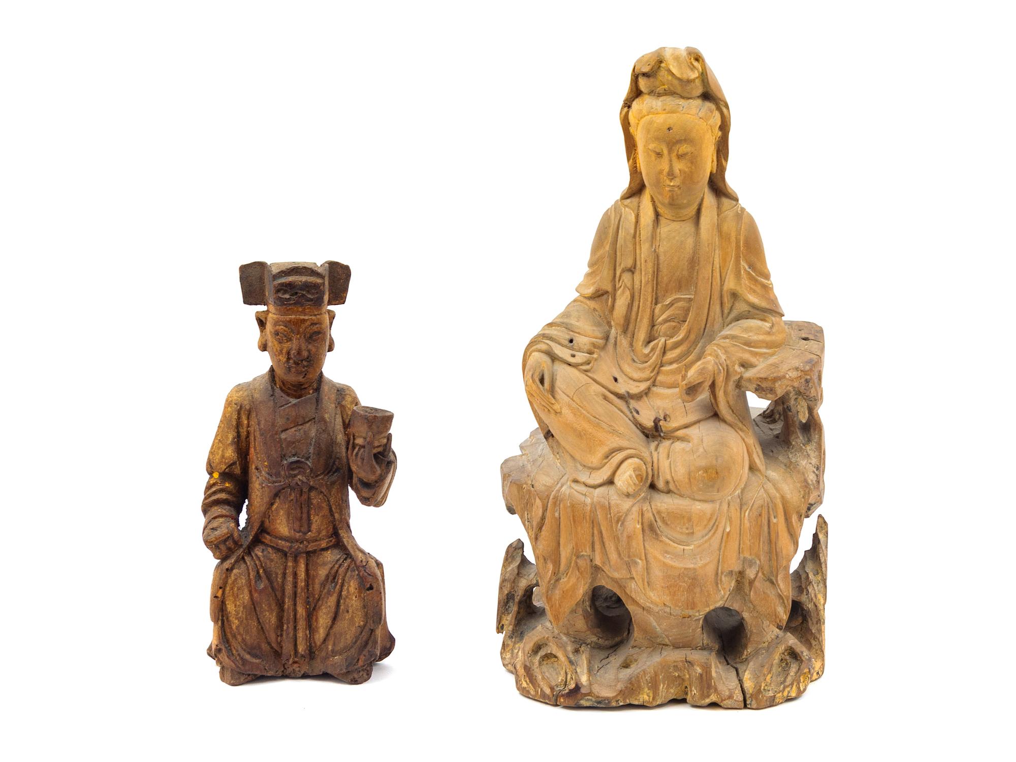 Two Chinese Carved Wood Seated Figures