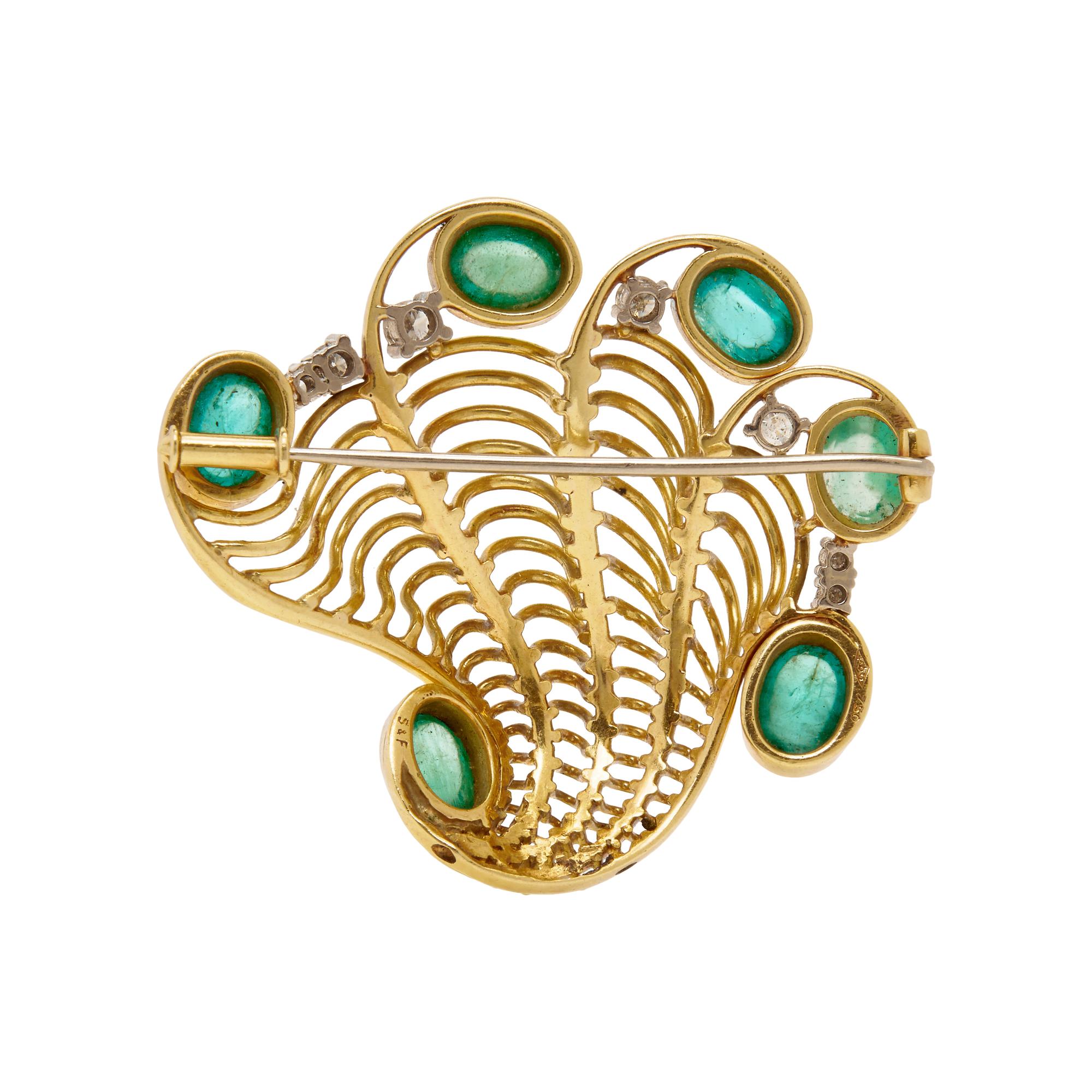 SPRITZER & FUHRMANN, YELLOW GOLD, EMERALD, AND DIAMOND BROOCH