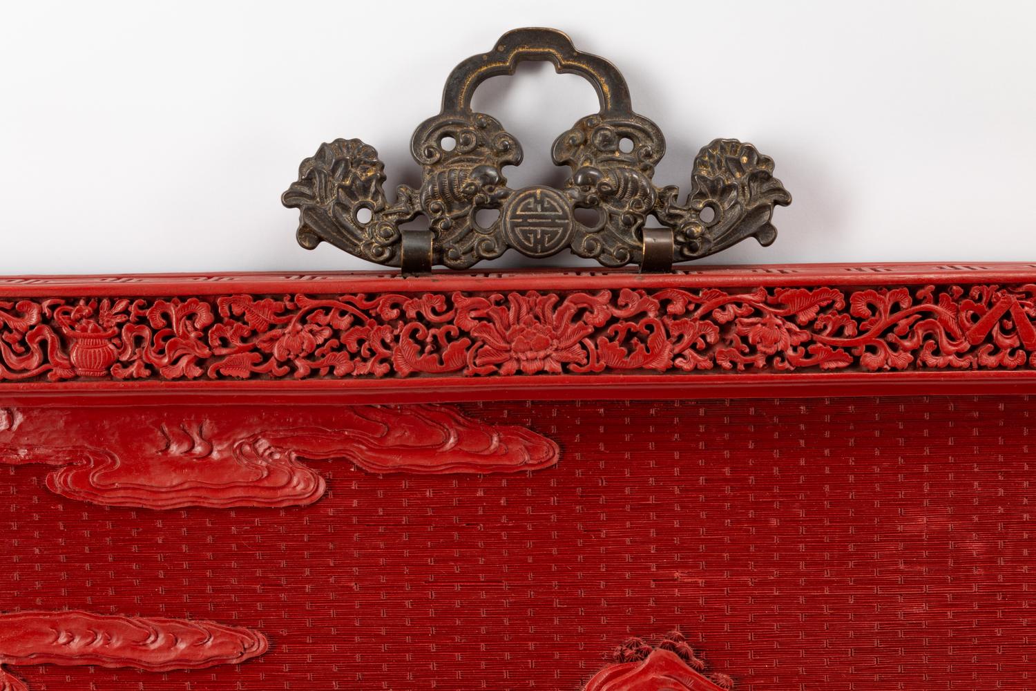 A Pair of Chinese Export Carved Red Lacquer Panels