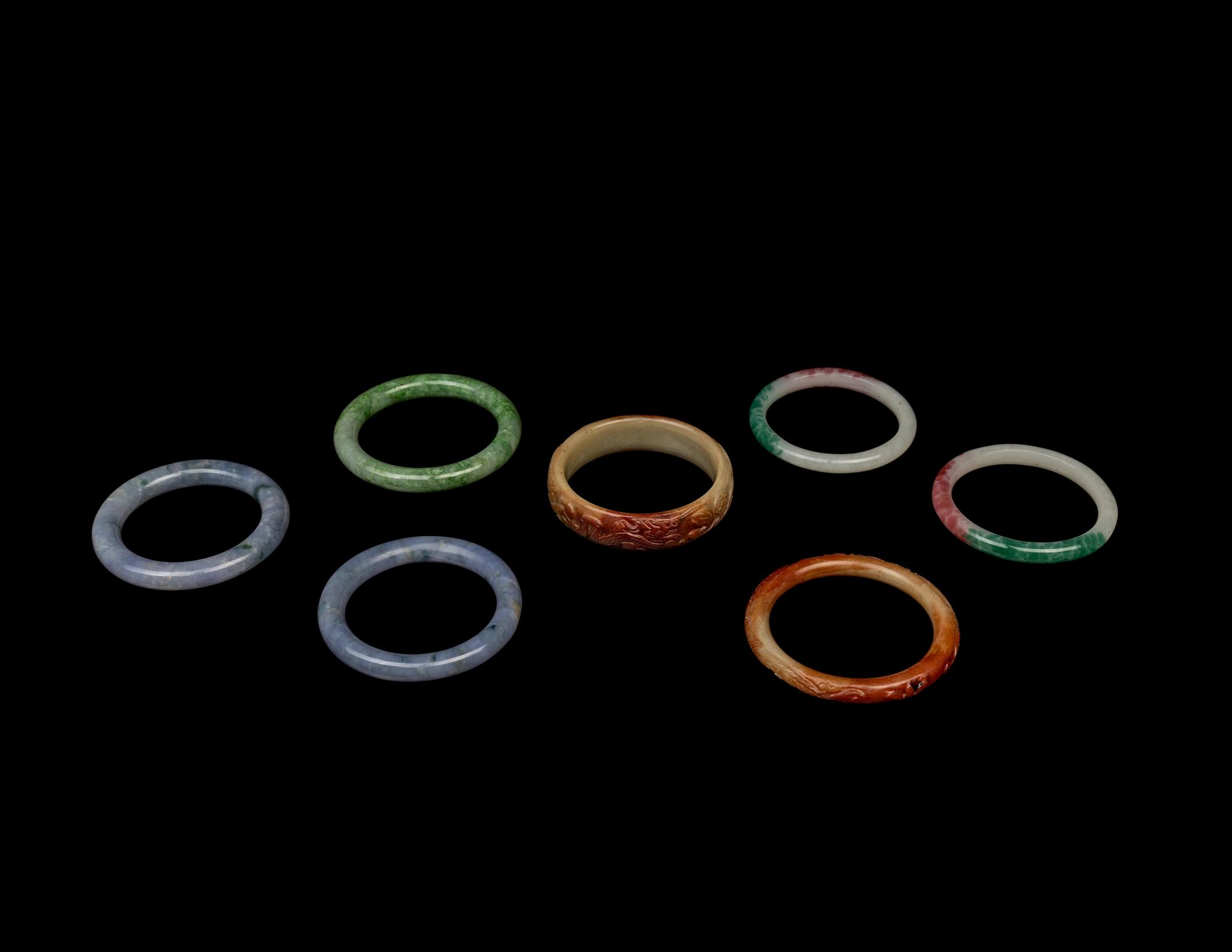 Seven Chinese Jade, Hardstone and Glass Bangles