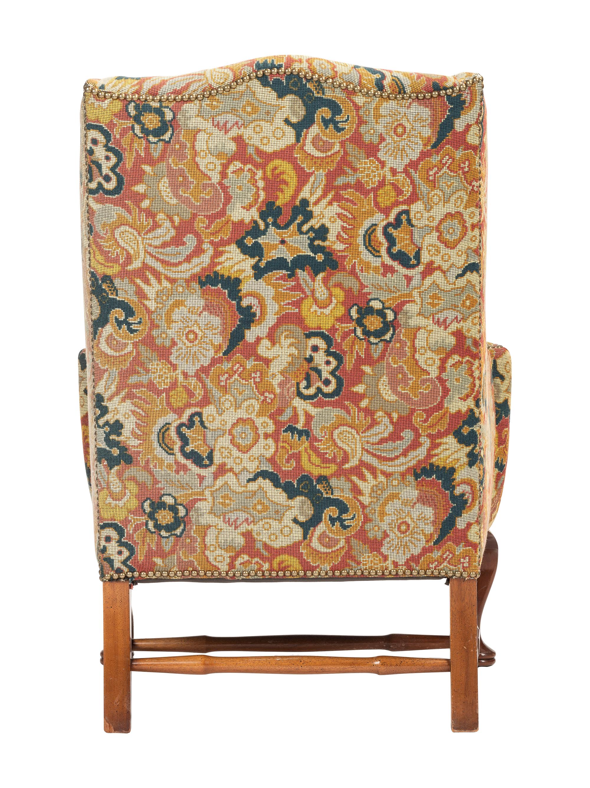 A Queen Anne-Style Mahogany and Upholstered Wingback Chair