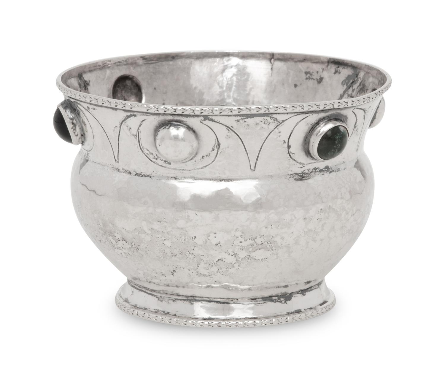 An English Arts and Crafts Silver and Hardstone Mounted Bowl