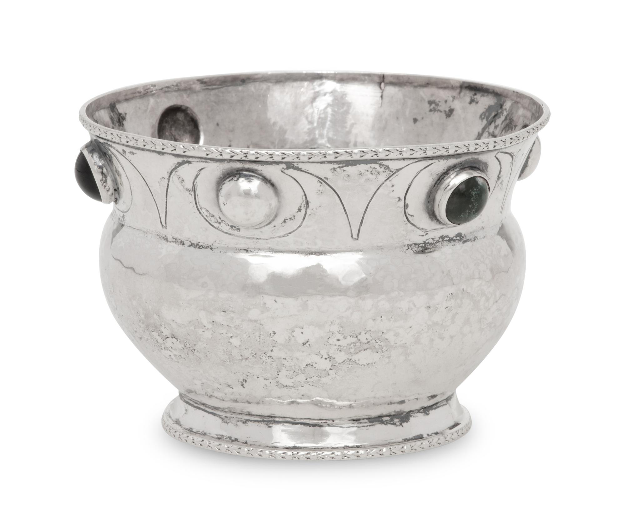 An English Arts and Crafts Silver and Hardstone Mounted Bowl