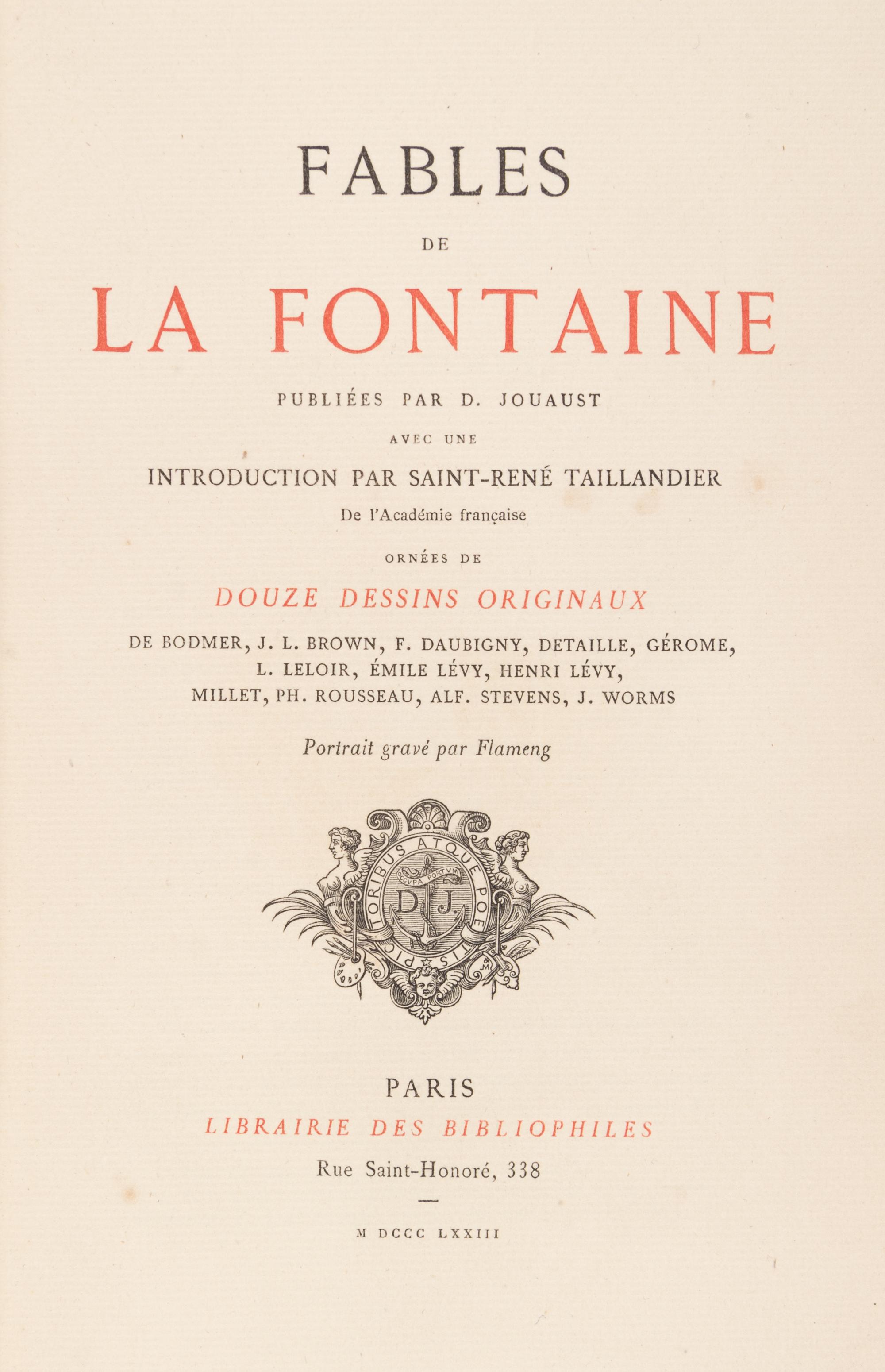 LA FONTAINE, JEAN DE. Fables de La Fontaine... Paris, 1873. 2 vols.