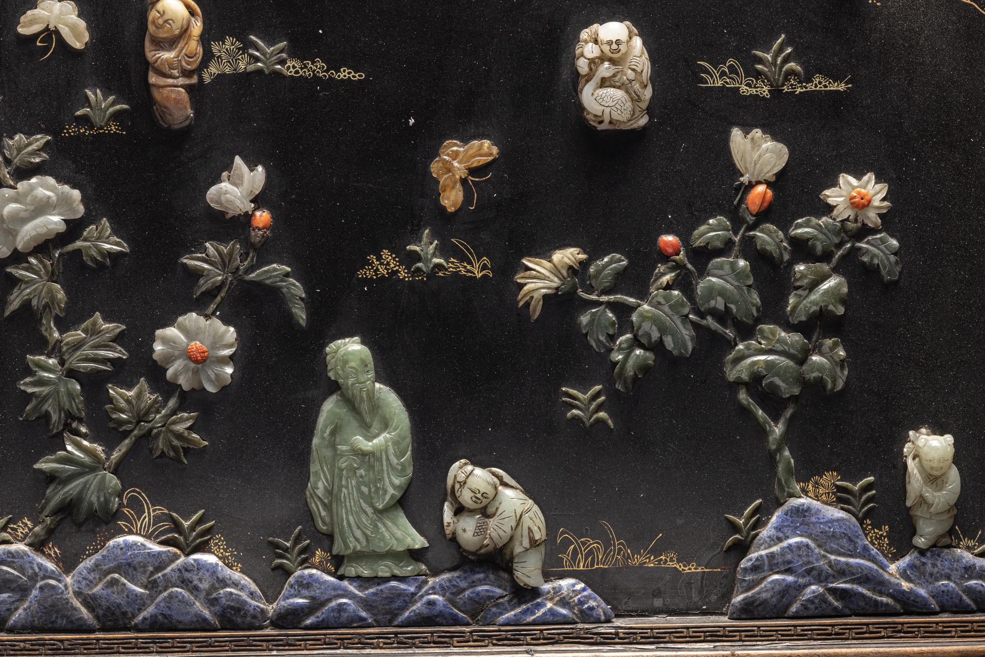 A Pair of Chinese Black Lacquered Hardstone Inset Rectangular Wall Panels