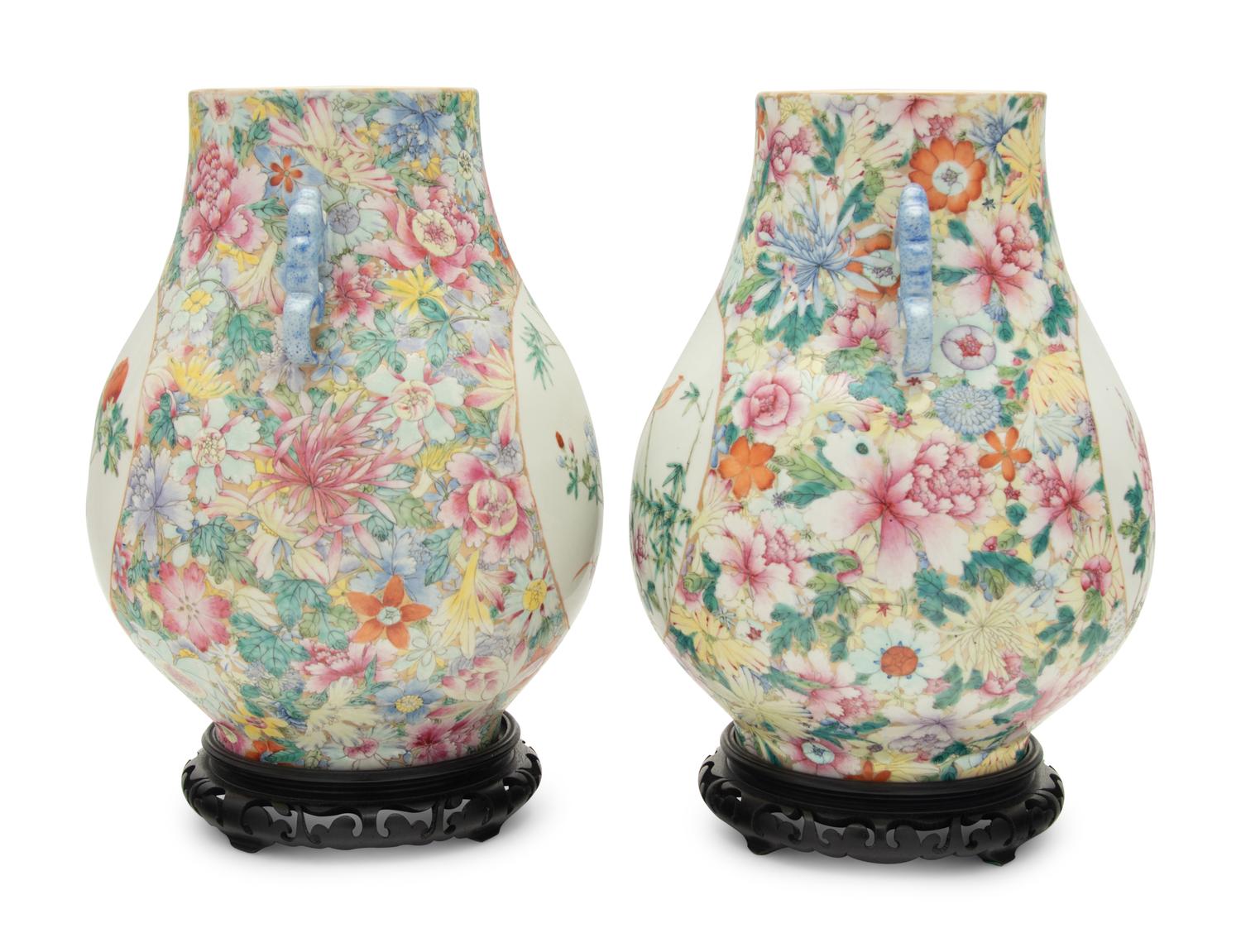 A Pair of Chinese Famille Rose Porcelain Hu -Form Vases