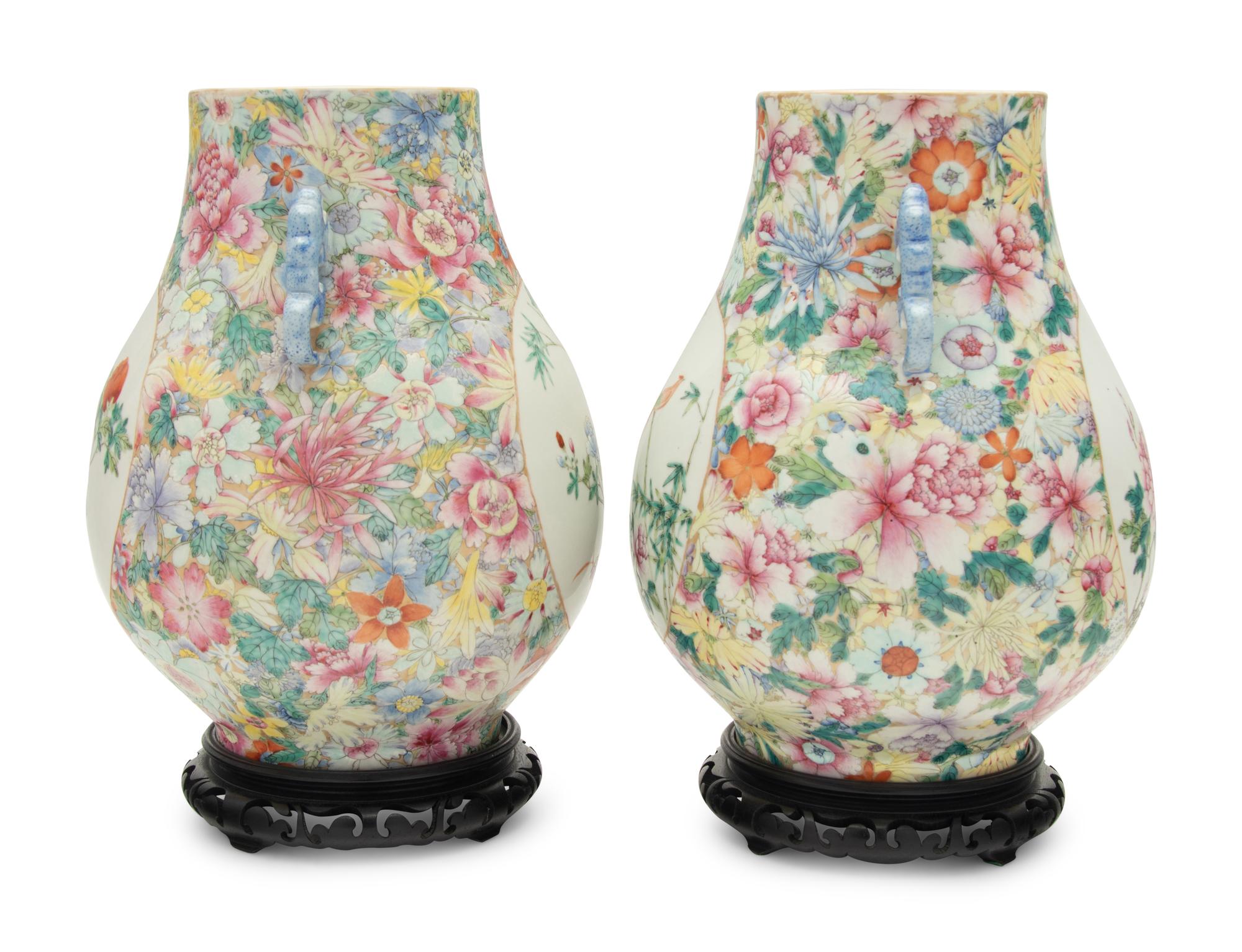 A Pair of Chinese Famille Rose Porcelain Hu -Form Vases