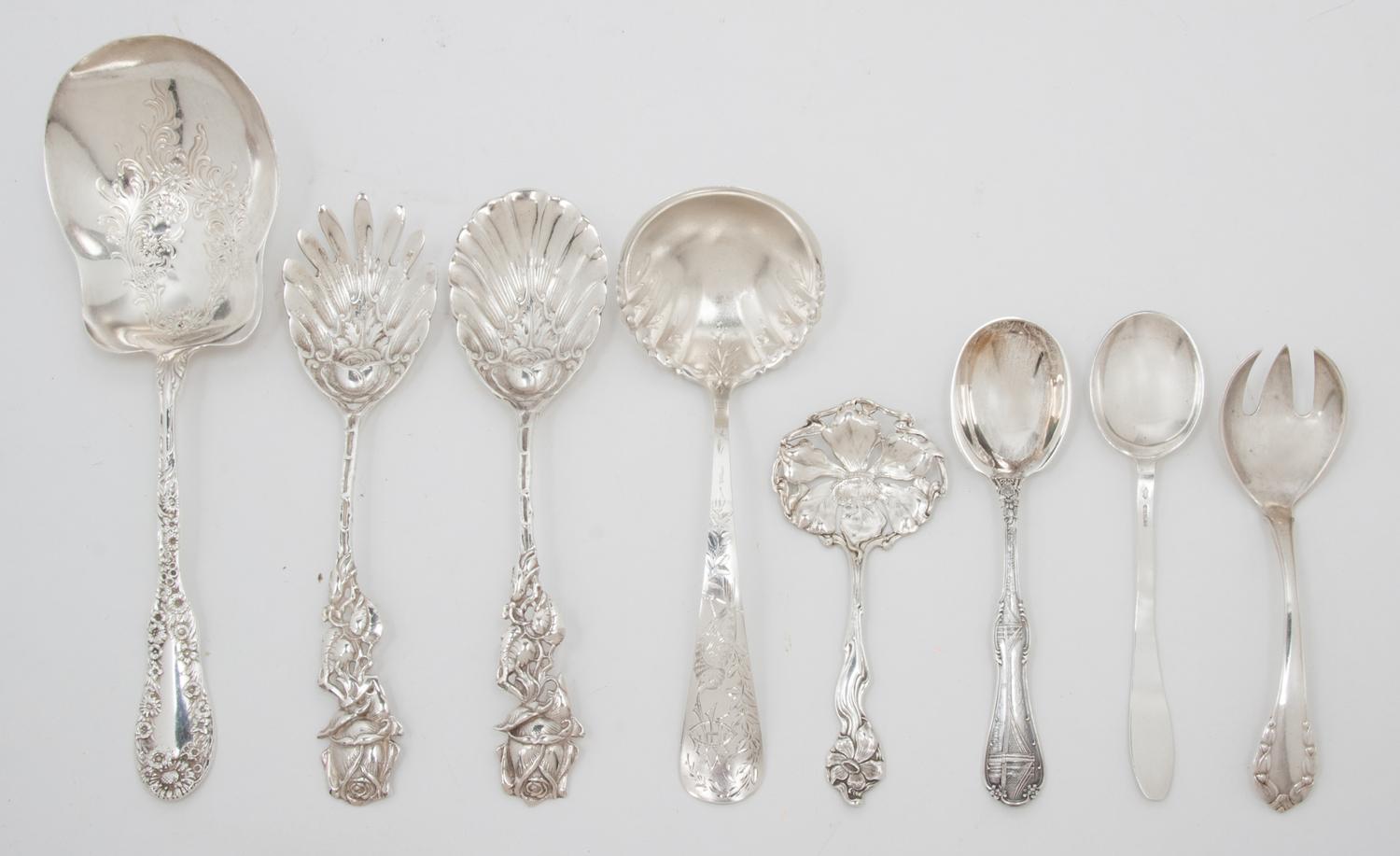 An Assembled Group of Silver Spoons, Various Makers, comprising 1 Dominick & Haff serving spoon, 1 shell form spoon with rose handle, 1