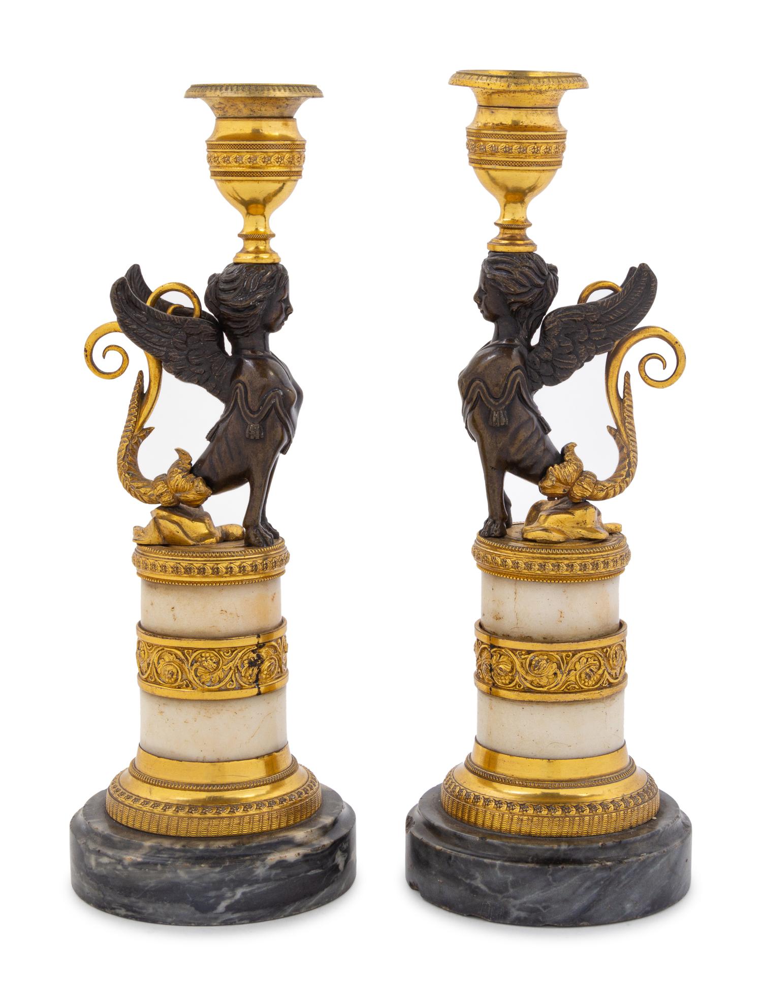 A Pair of Empire Style Gilt Bronze Mounted Marble Candlesticks