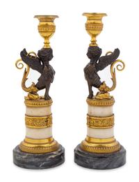 A Pair of Empire Style Gilt Bronze Mounted Marble Candlesticks