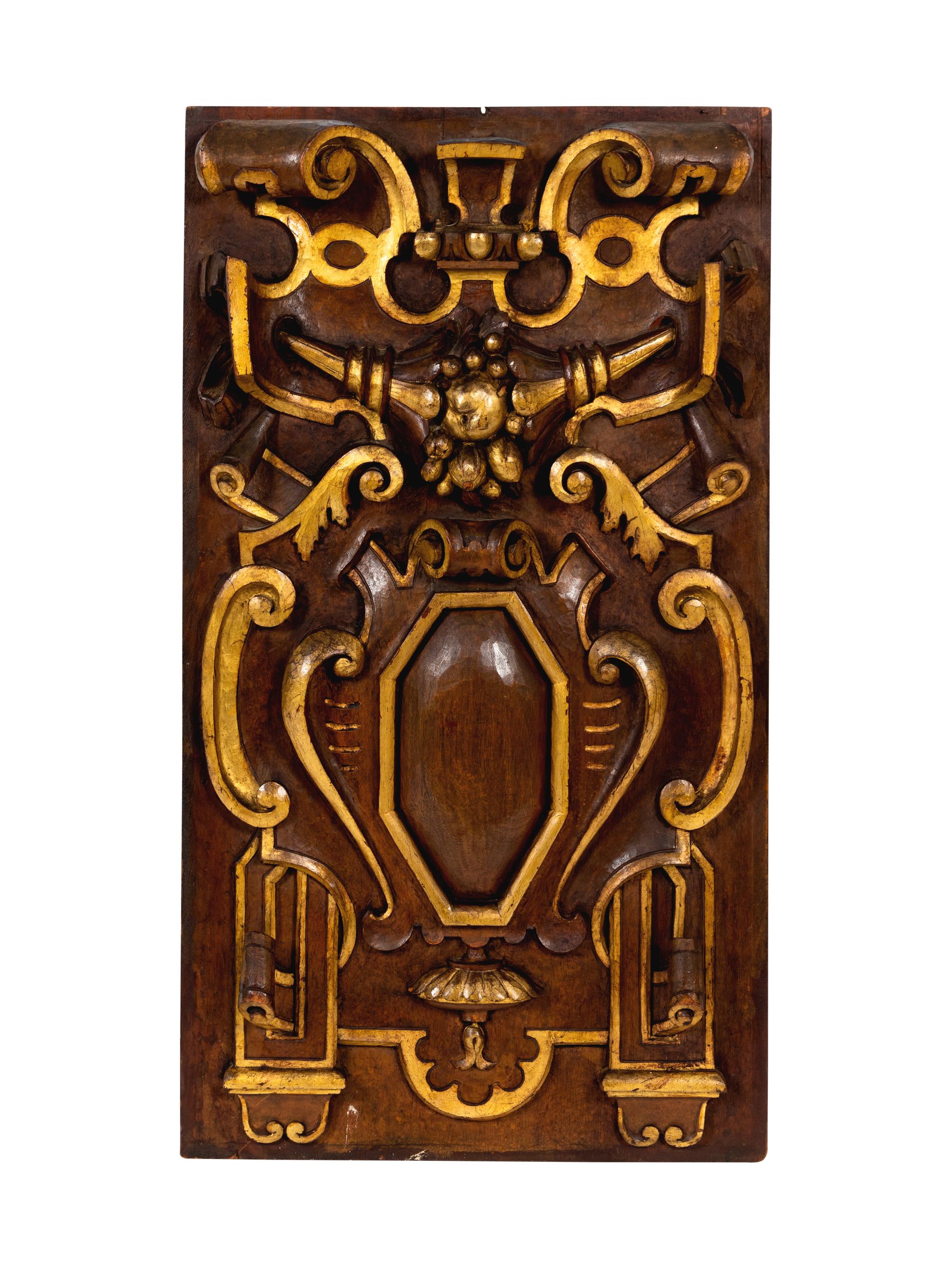 Six Italian Carved Walnut and Parcel Gilt Panels