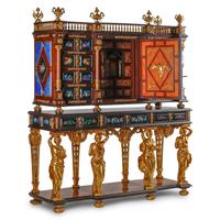 An Italian Baroque Style Gilt Bronze Mounted Pietra Dura, Lapis Lazuli and Giltwood Cabinet on Stand