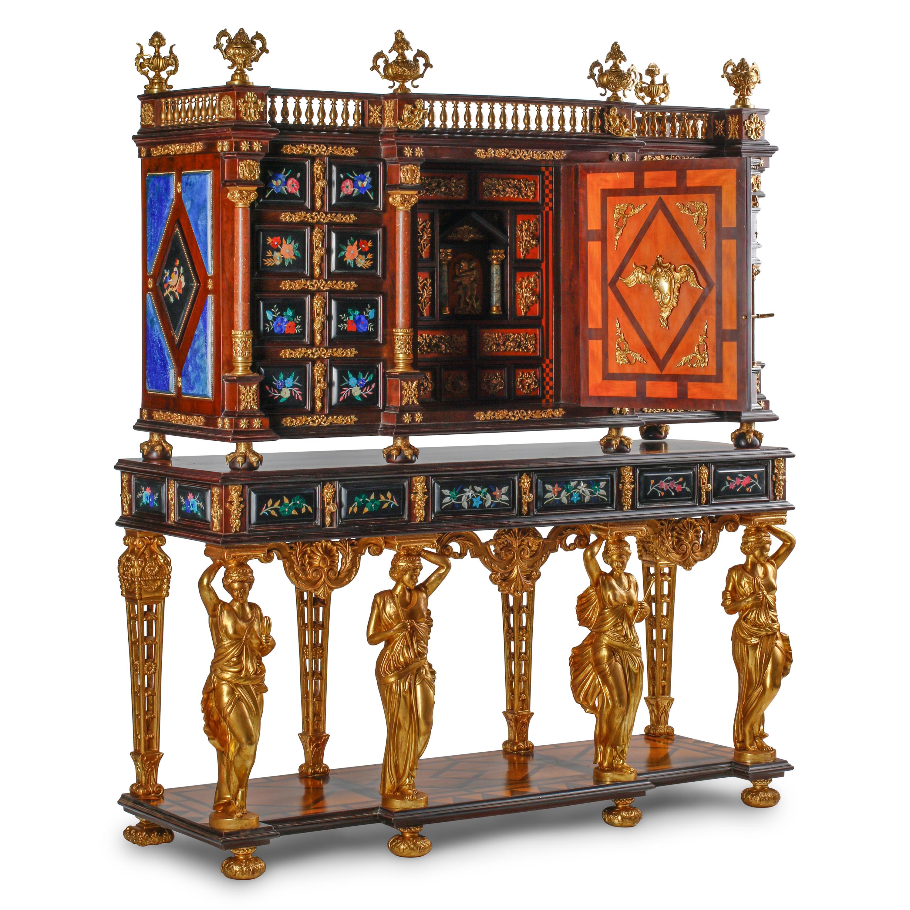 An Italian Baroque Style Gilt Bronze Mounted Pietra Dura, Lapis Lazuli and Giltwood Cabinet on Stand